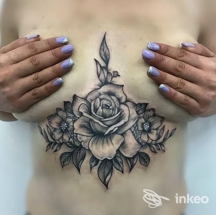 Tatuaggio floreale in bianco e nero sotto il seno, fotografato da Black Mamba Altamura Tattoo ad Altamura.
