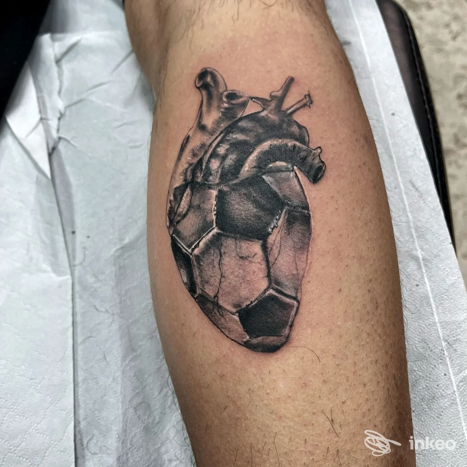 Tatuaggio realistico di cuore composto da un motivo a pallone sul polpaccio, realizzato da Black Mirror Tattoo ad Andria.