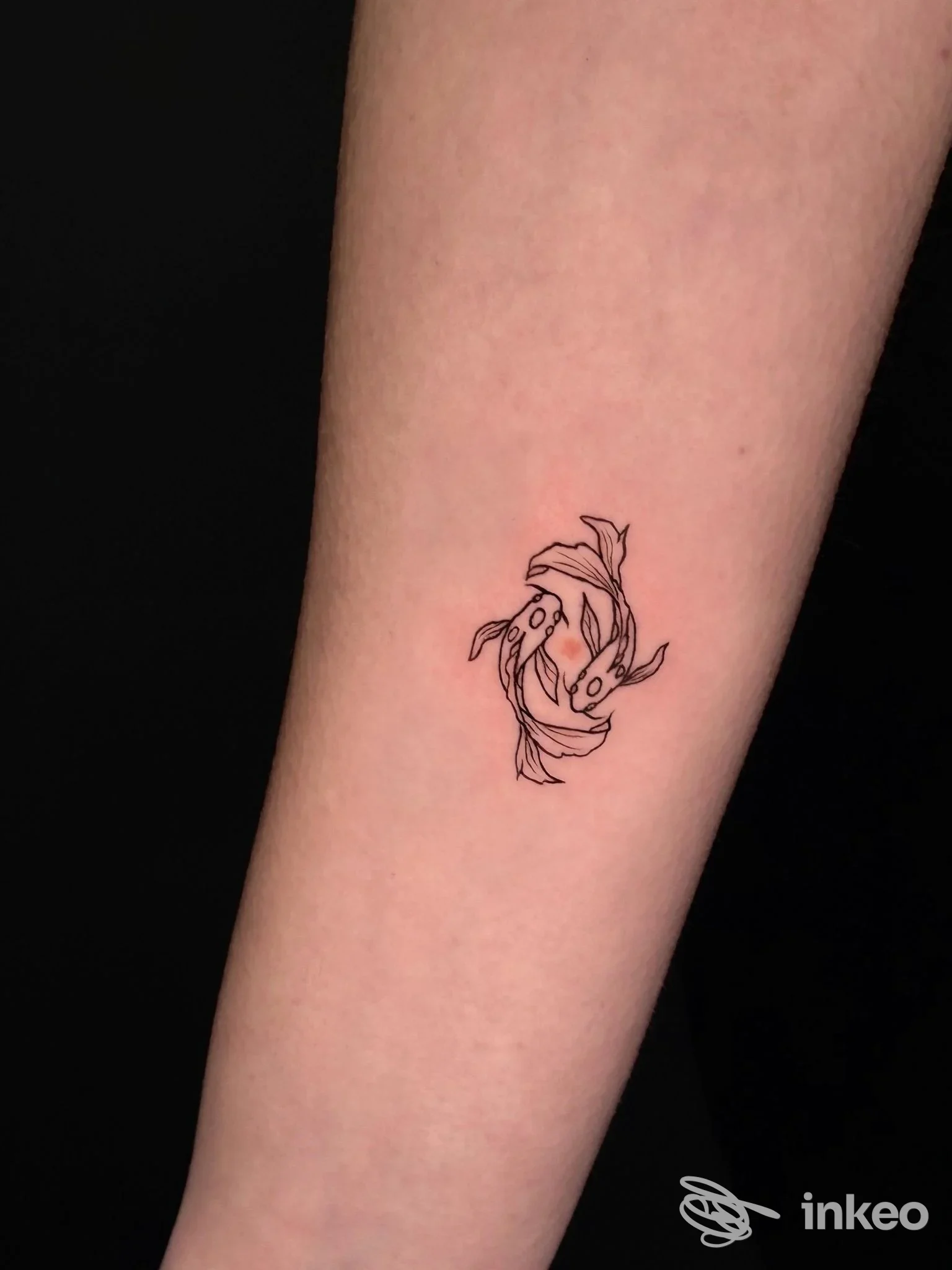 Piccolo tatuaggio linework di due pesci sull'avambraccio, Celeste Schifano Tattoo Studio, Maglie.