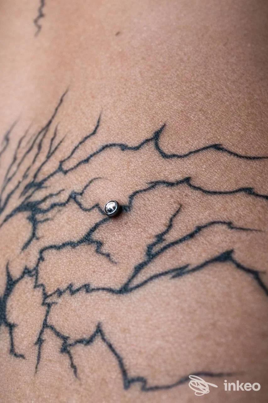 Primo piano di piercing con pallina metallica su pelle e tatuaggio lineare, Clara Longo Studio - Empire Tattoo 1995, Maglie.