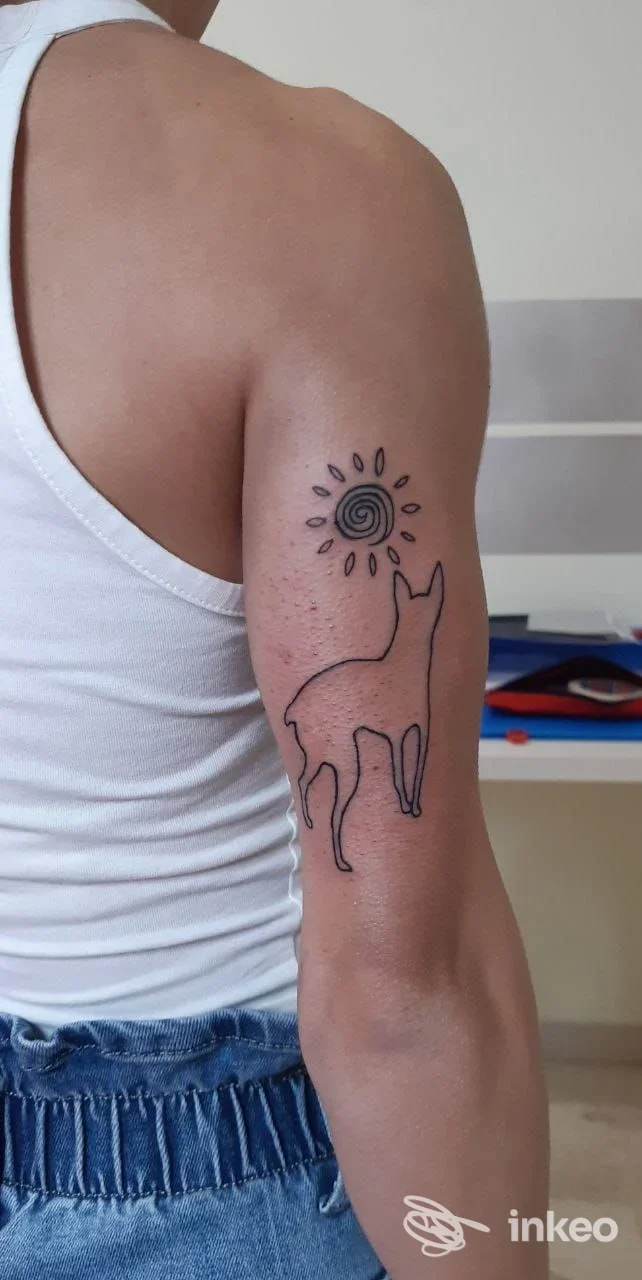 Tatuaggio linee nere di un cane stilizzato con sole a spirale sul braccio superiore, realizzato da Davide Bertollo tricopigmentazione & tattoo a Massafra.
