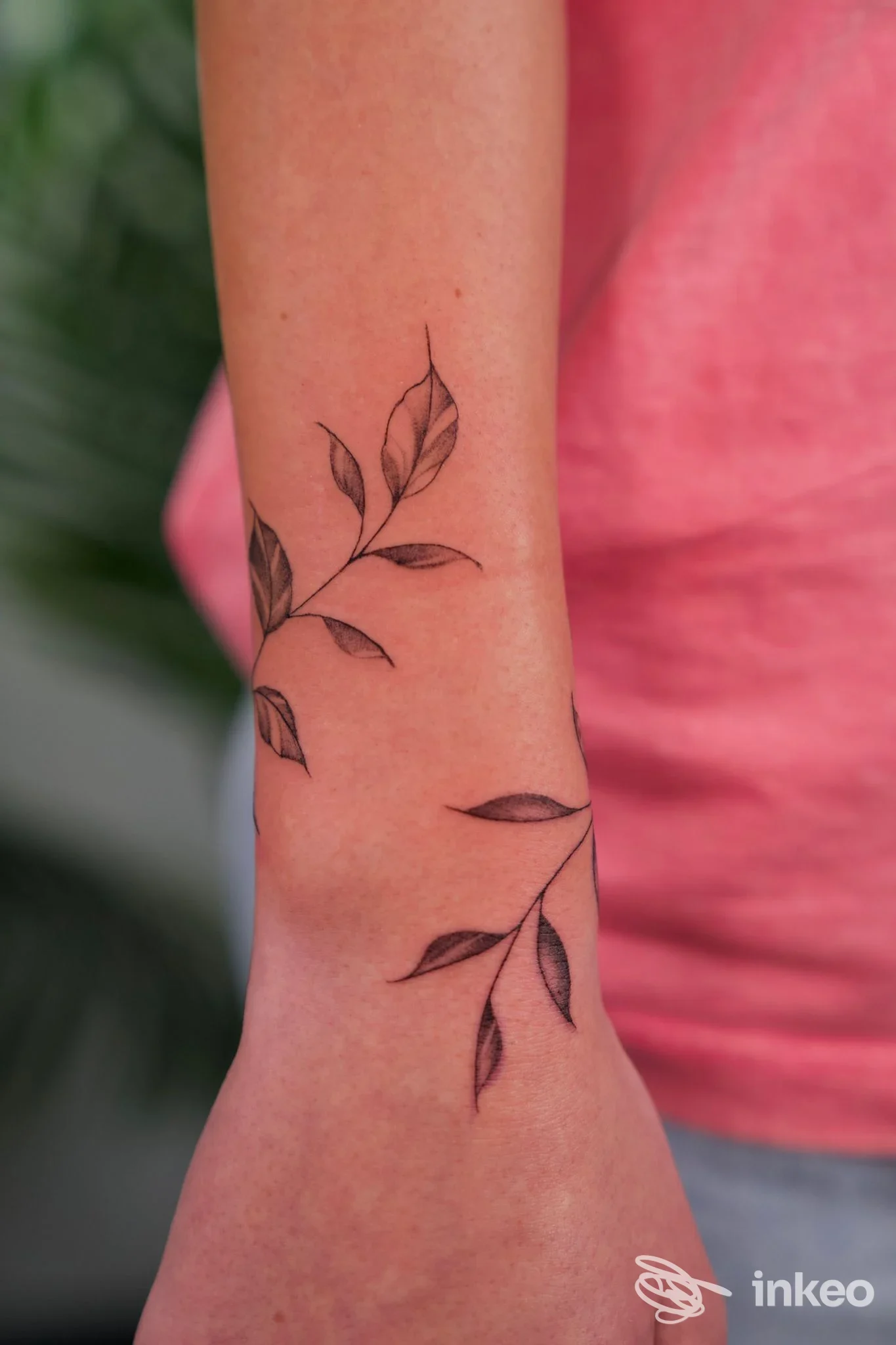 Tattoo su avambraccio raffigurante rami con piccole foglie, eseguito su pelle reale, sfondo sfumato.