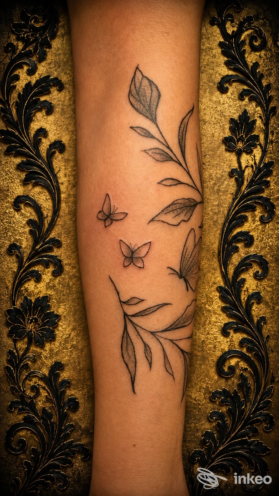 Avambraccio con tatuaggio di rami, foglie e farfalle in nero, scatto frontale. IDA TATTOO STUDIO, Foggia.