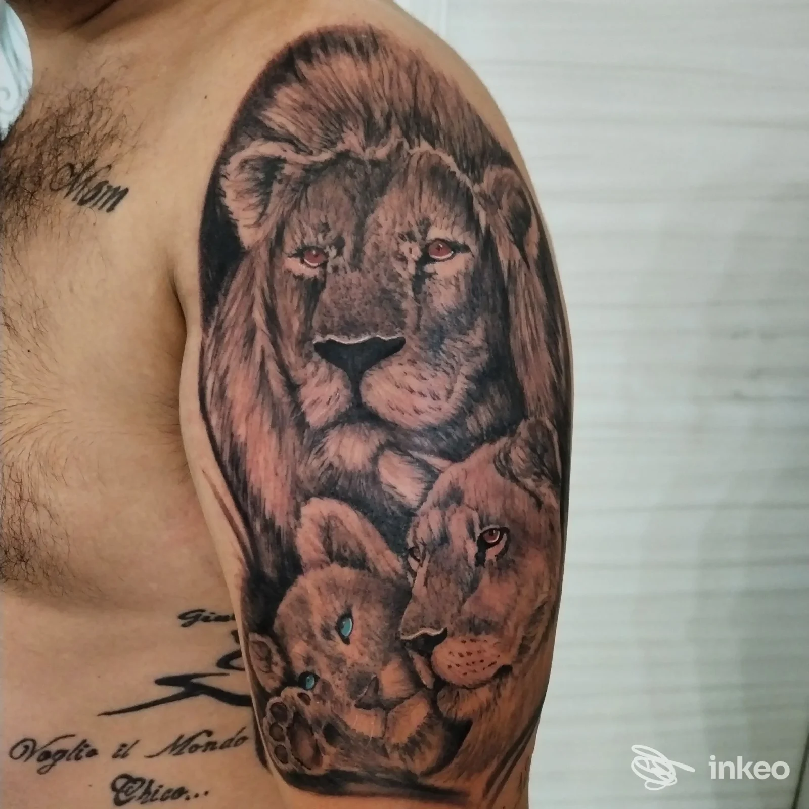 Tatuaggio realistico raffigurante una famiglia di leoni su braccio e spalla, realizzato da Living Tattoo Latiano a Latiano.