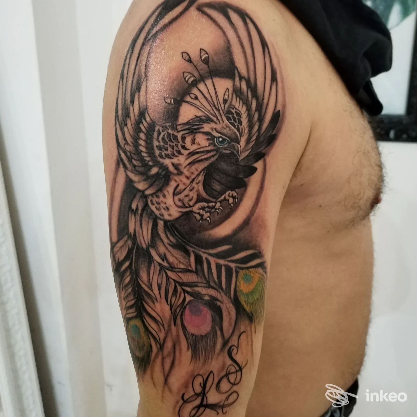 Grande tatuaggio a forma di uccello con piume colorate sul braccio superiore, foto fornita da Living Tattoo Latiano, Latiano.