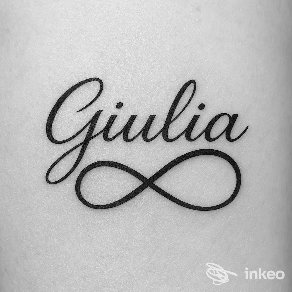 Tatuaggio lettering 'Giulia' con simbolo dell'infinito su pelle, scatto dallo studio MANA TATTOO a Torremaggiore.
