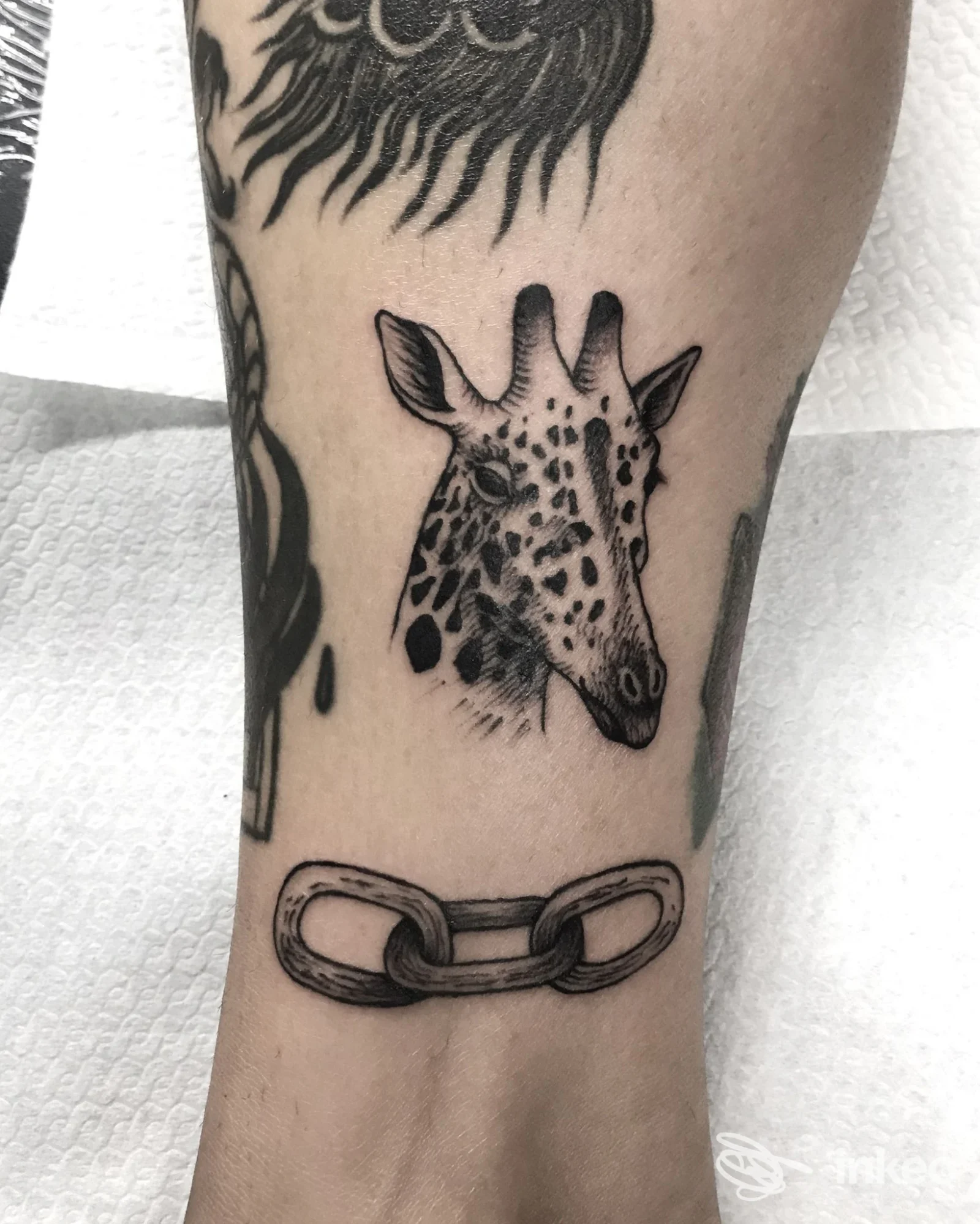 Tatuaggio in bianco e nero di testa di giraffa e catena sull'avambraccio, foto fornita da Más Profundo Tattoo Shop, Taranto.