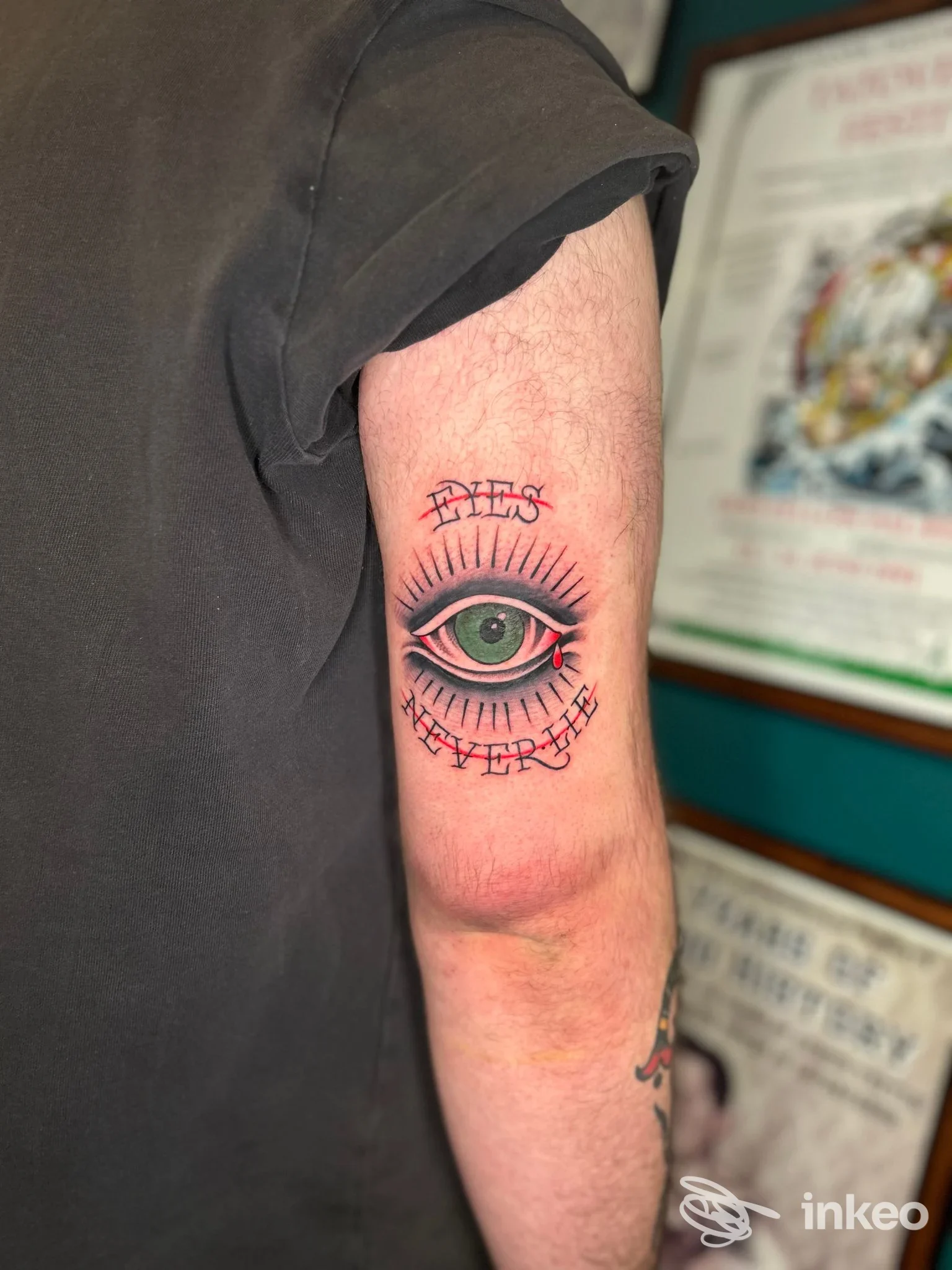 Tatuaggio sull’avambraccio raffigurante un occhio circondato da linee decorative con testo attorno al cerchio; pelle umana visibile, nessun volto. Firma non presente.