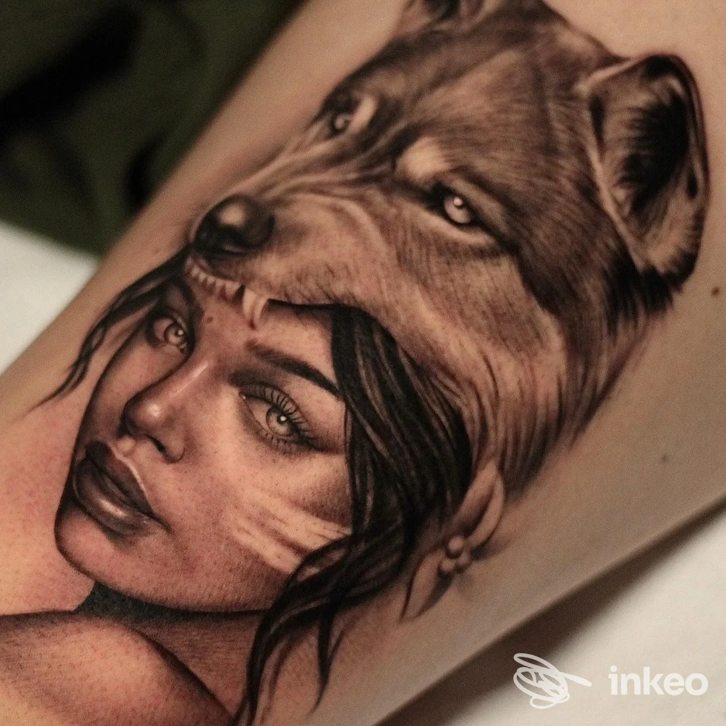 Tatuaggio realistico in bianco e nero di una donna con copricapo lupo sull'avambraccio, NOIR tattoo atelier, Noci.