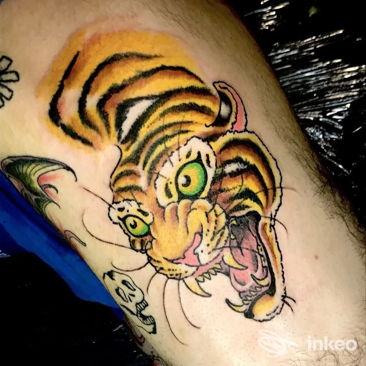 Tatuaggio colorato di una testa di tigre fotografato sulla pelle, realizzato da Outline Taranto a Taranto, in primo piano sulla coscia.