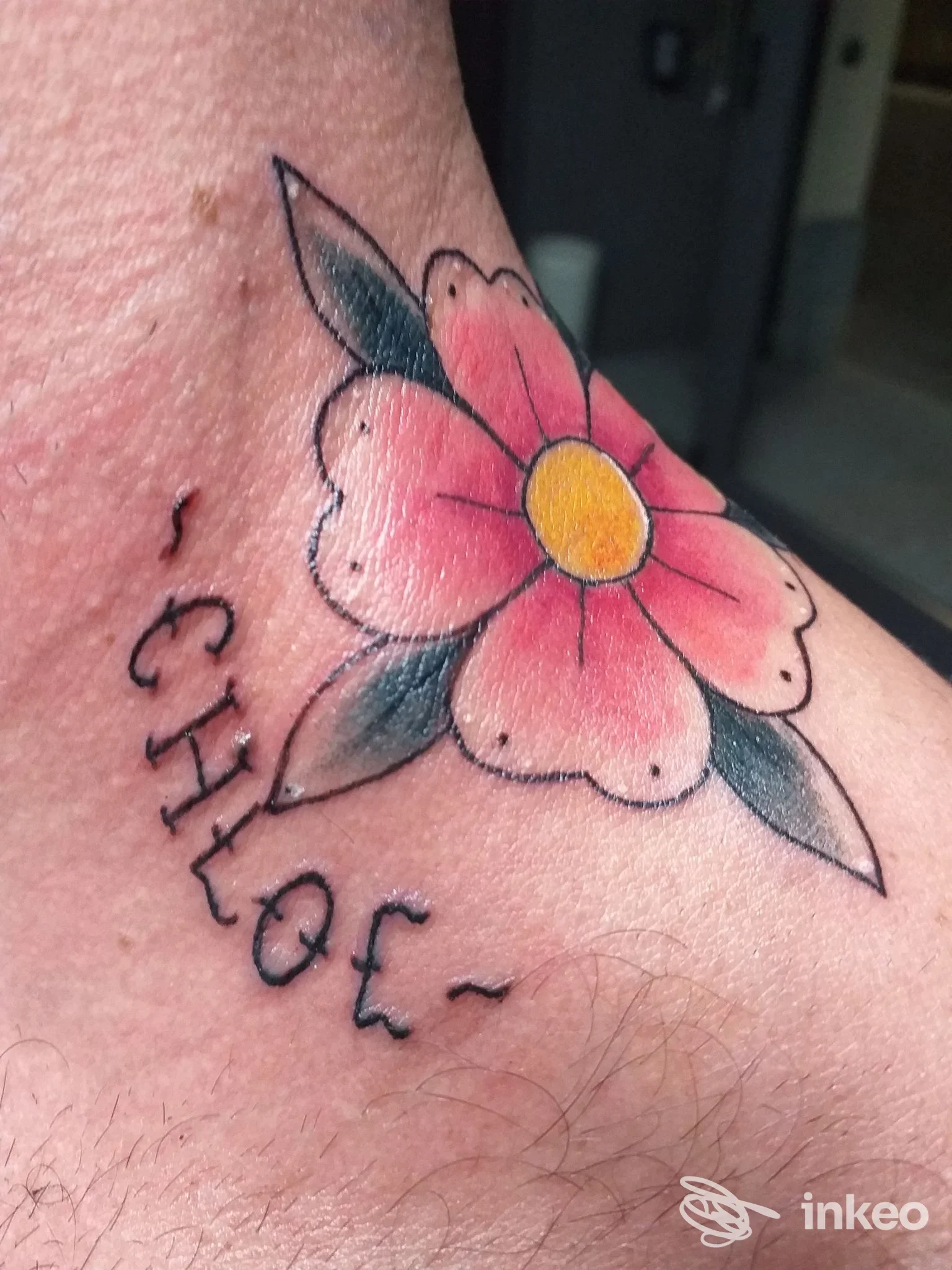 Tatuaggio reale sul collo: fiore rosa con centro giallo, linee nere nette, foglie verdi; realizzato presso lo Studio Ale Buzzi a Verano Brianza, con testo a lato.