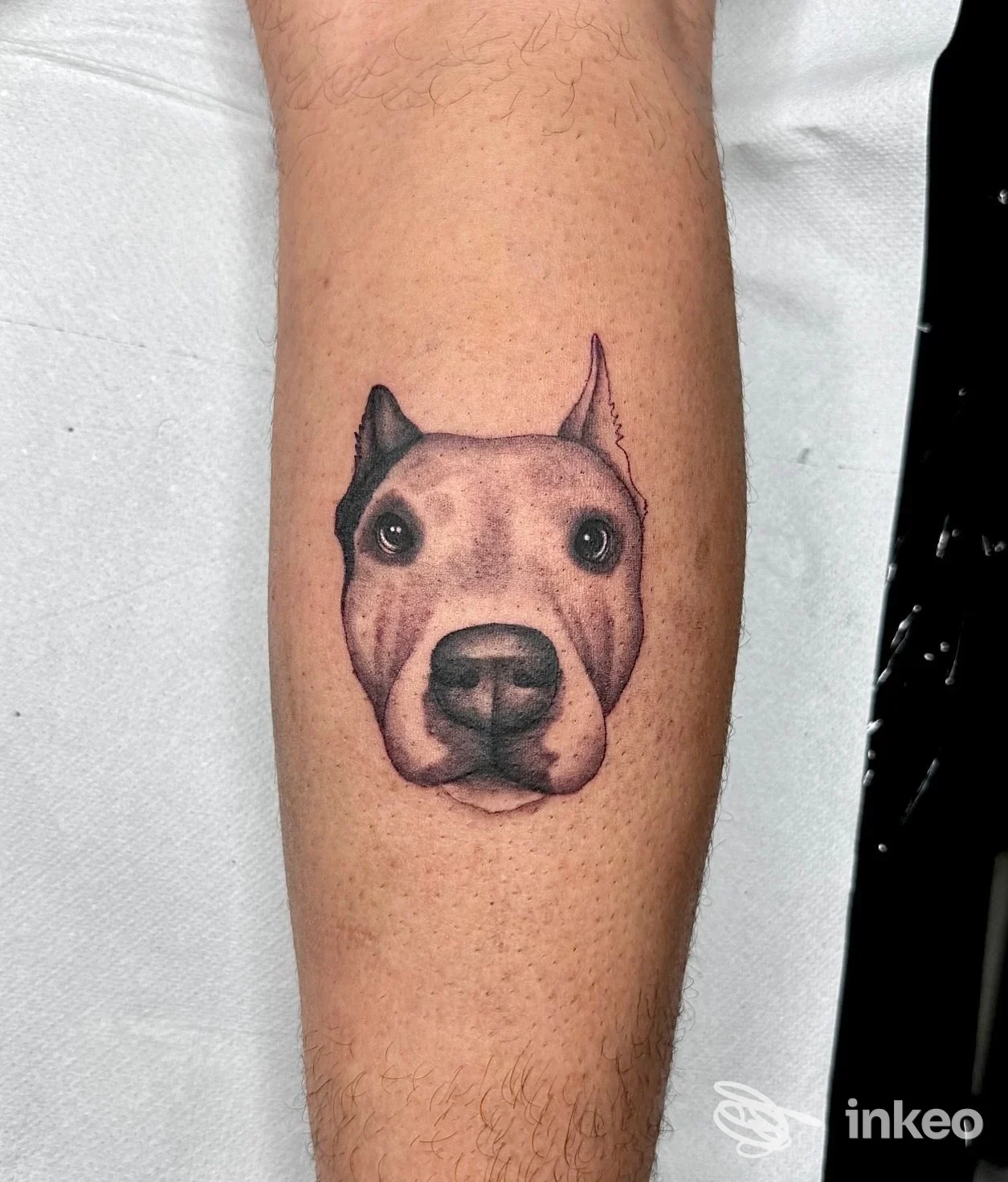 Tatuaggio realistico della testa di un cane sull'avambraccio, realizzato da BadNeedle Tattoo Shop a Nardò.