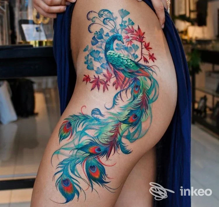 Grande tatuaggio a colori raffigurante un pavone che si estende dall'anca alla coscia, foto dal portfolio Debrart Tattoos, Bari.