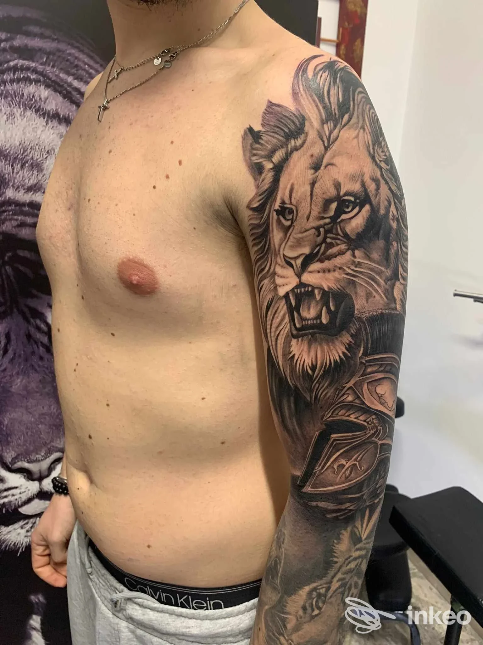 Manica tatuata realistico con leone su braccio destro, foto scattata in studio — Eureka Ink Tattoo, Capurso.
