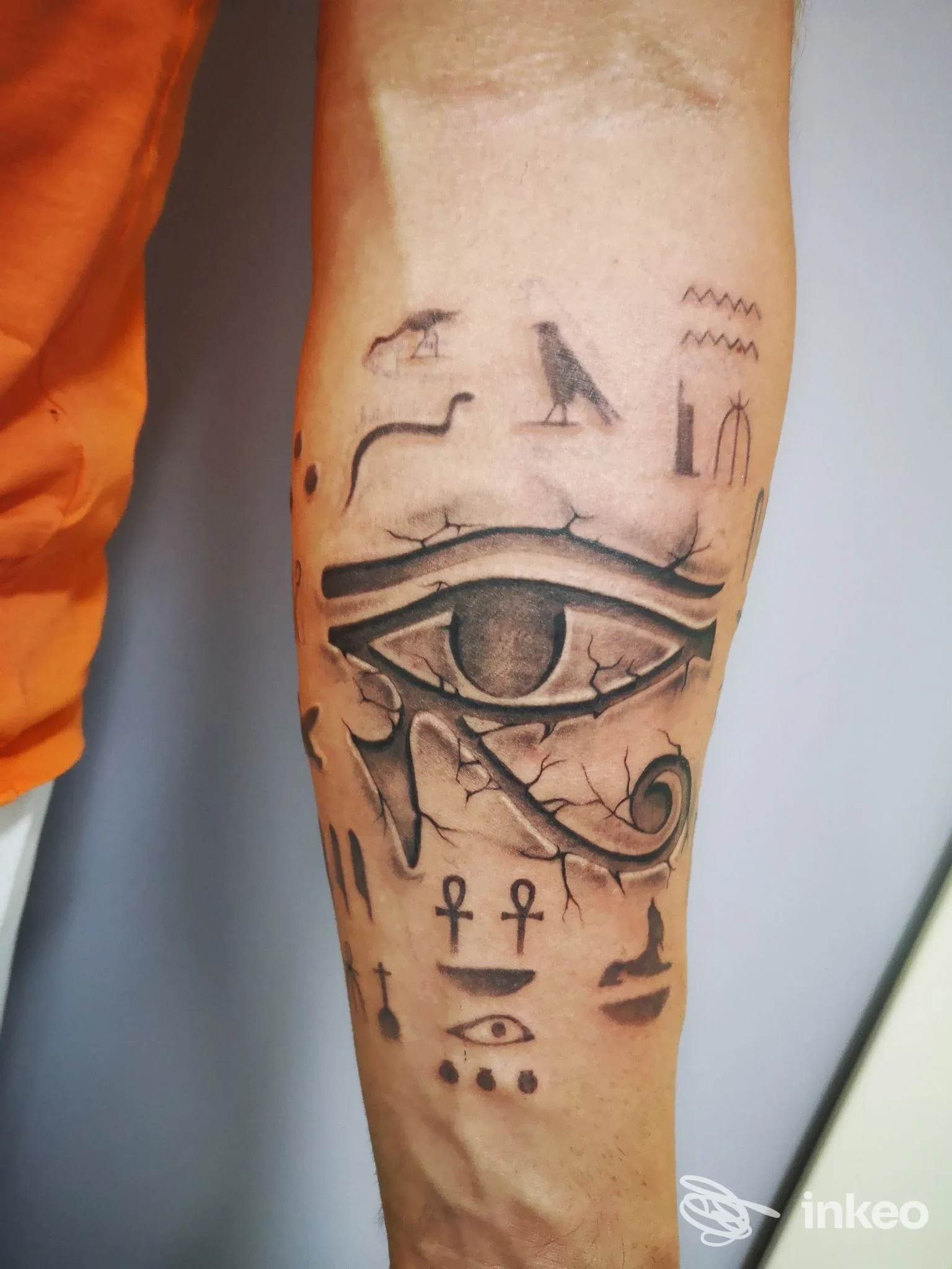Tatuaggio con occhio di Horus e geroglifici sull'avambraccio, Lotus Noir Tattoo Studio, Manduria