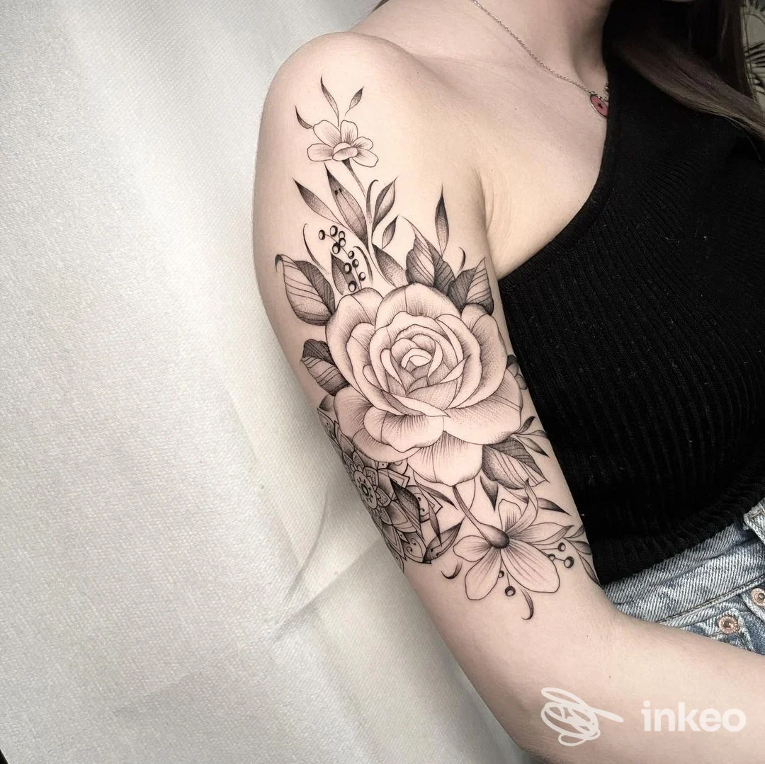 Tatuaggio floreale in bianco e nero su spalla e parte superiore del braccio, Macko Tattoo Shops Bari, Bari.