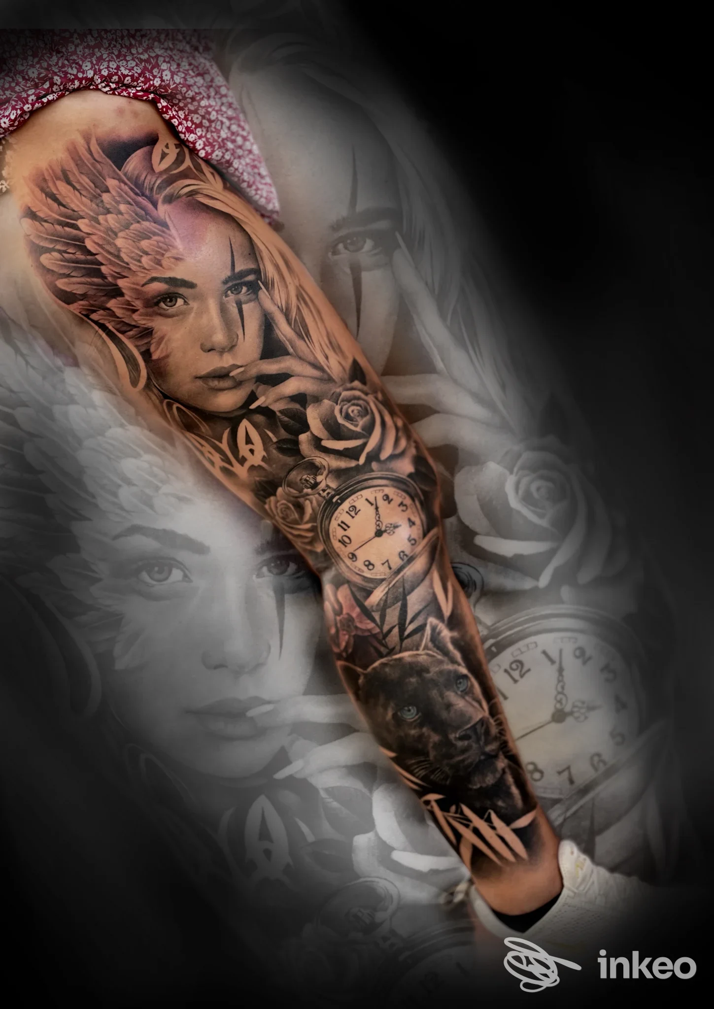 Tatuaggio a manica realistico in bianco e nero con ritratti, rosa e orologio — Black and Grey Tattoo Shop, Monserrato.