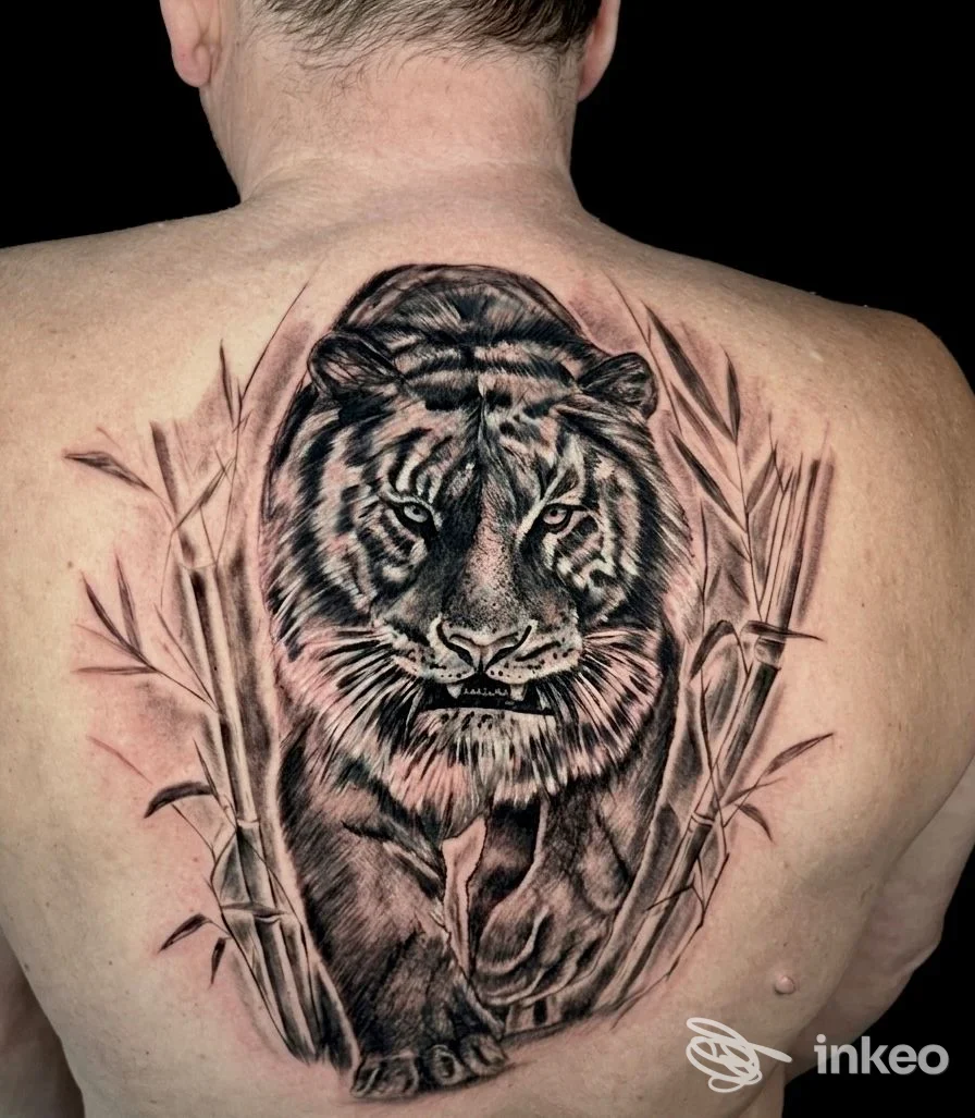 Ampio tatuaggio di una tigre in bianco e nero sulla parte superiore della schiena, foto dallo studio Giofoe TATTOO a La Caletta.