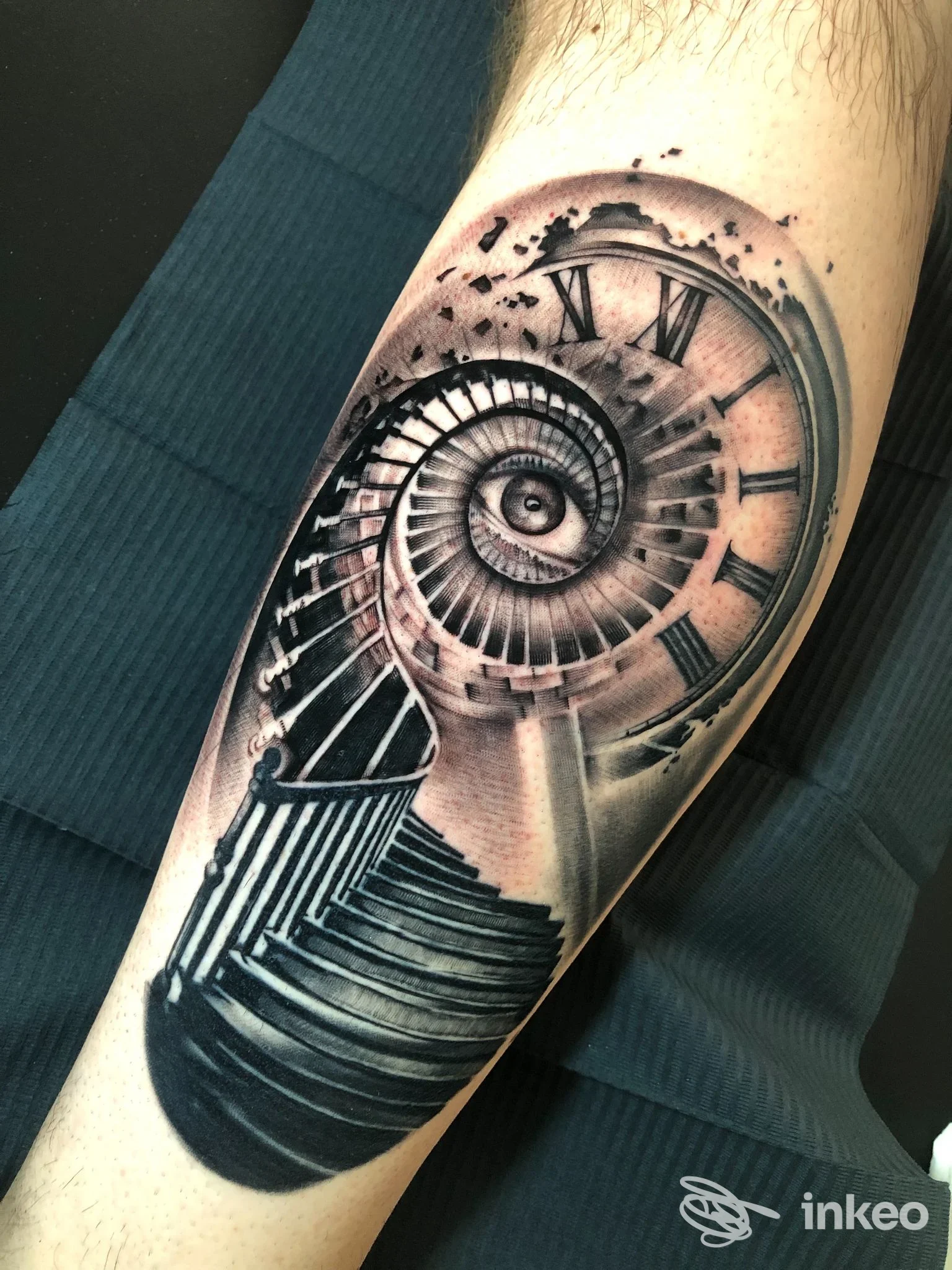 Tatuaggio black & grey a spirale con scala, occhio e quadrante romano sull'avambraccio; immagine fornita da Golden Hand Dojo Tattoo, Cagliari.