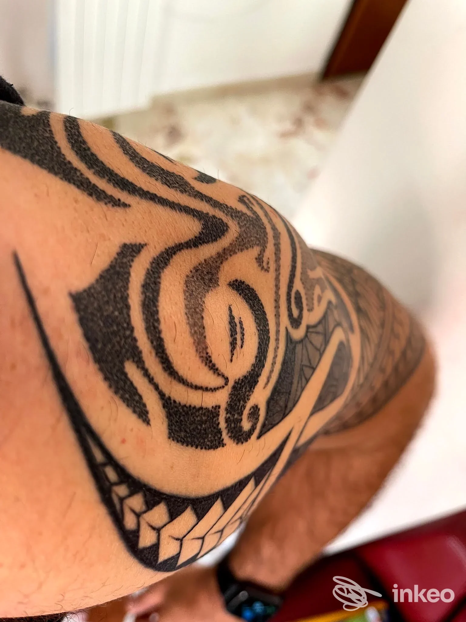 Primo piano di tatuaggio nero su bicipite e spalla, foto inviata da MILLY MACIS Inkanto Tattoo, Cagliari.
