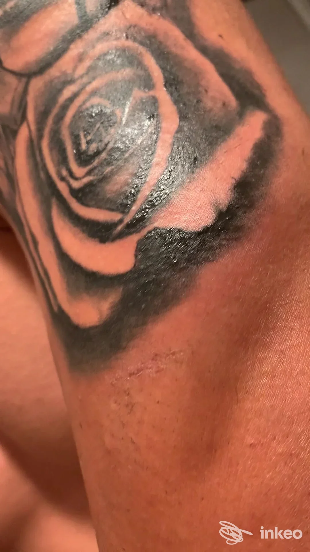 Primo piano di un tatuaggio a rosa in bianco e nero sulla parte superiore del braccio/spalla; pelle scura visibile. Immagine fornita da Omissis 387 Tattoo e Piercing, Cagliari.