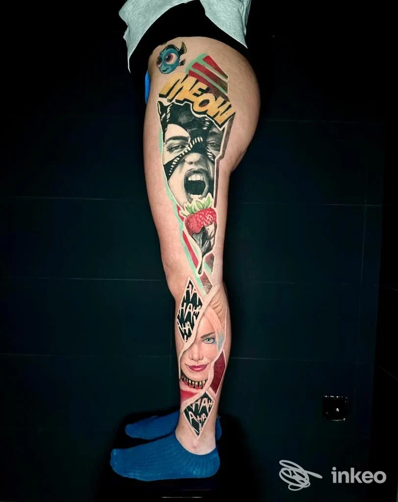 Tatuaggio a colori su gamba intera, più ritratti stilizzati e elementi grafici — SS Tattoo Club, Sassari.