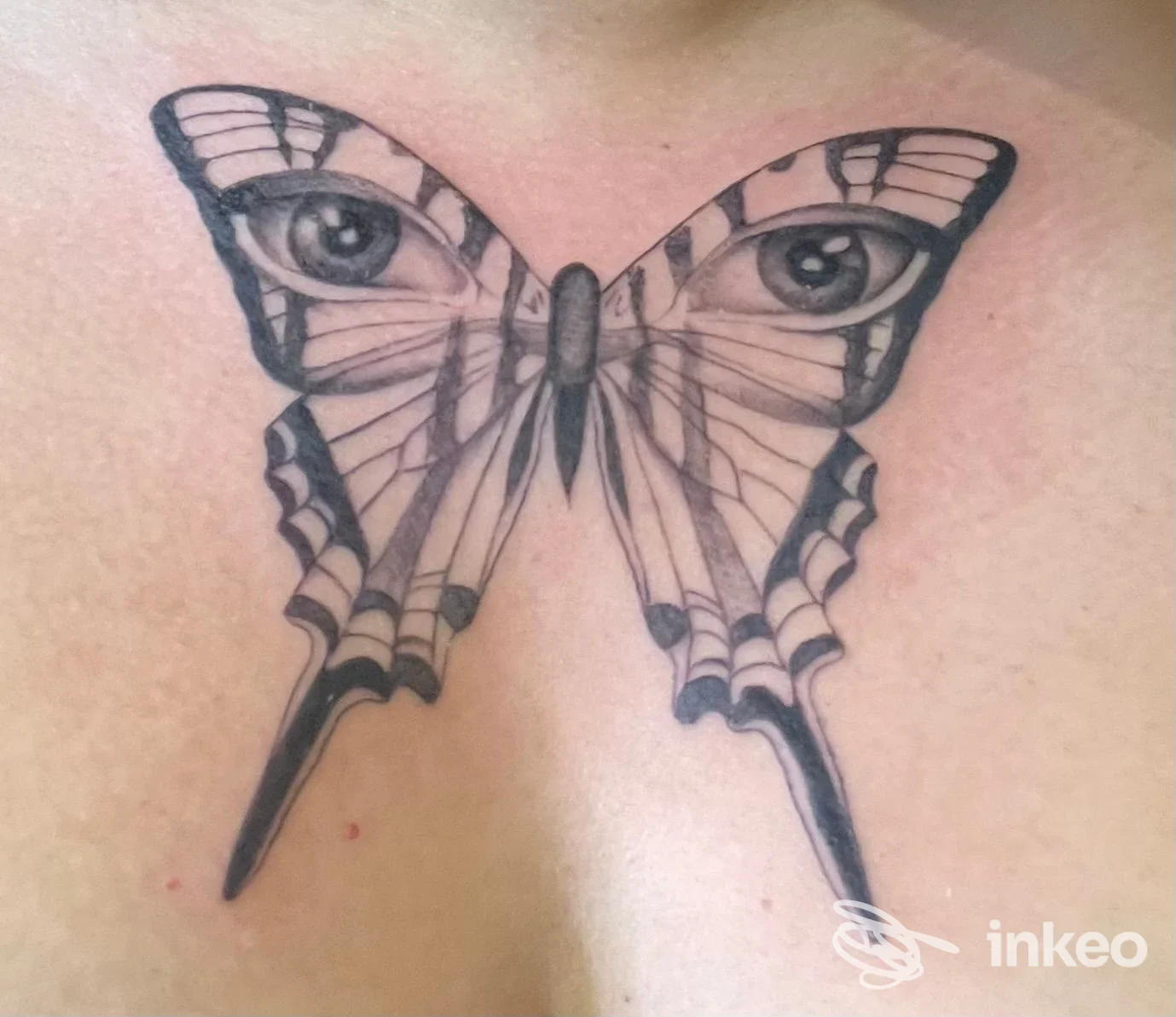Tatuaggio a farfalla in nero con occhi realistici sulle ali, posizionato al centro del petto. Rebis Tattoo, Sassari.