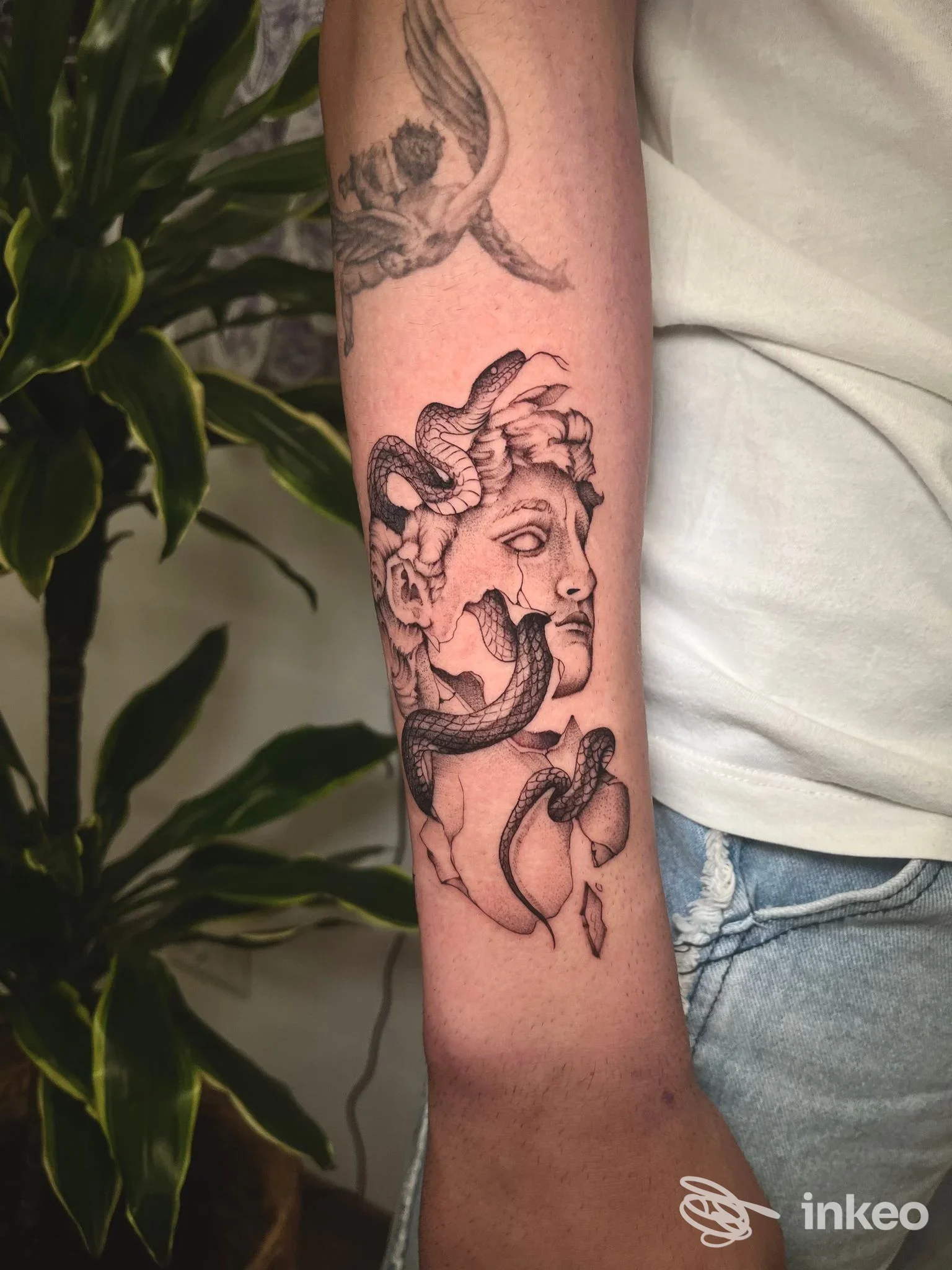 Avambraccio tatuato con testa scolpita e serpente, fotografia dello studio Alma Romantica tattoo studio a Brolo.