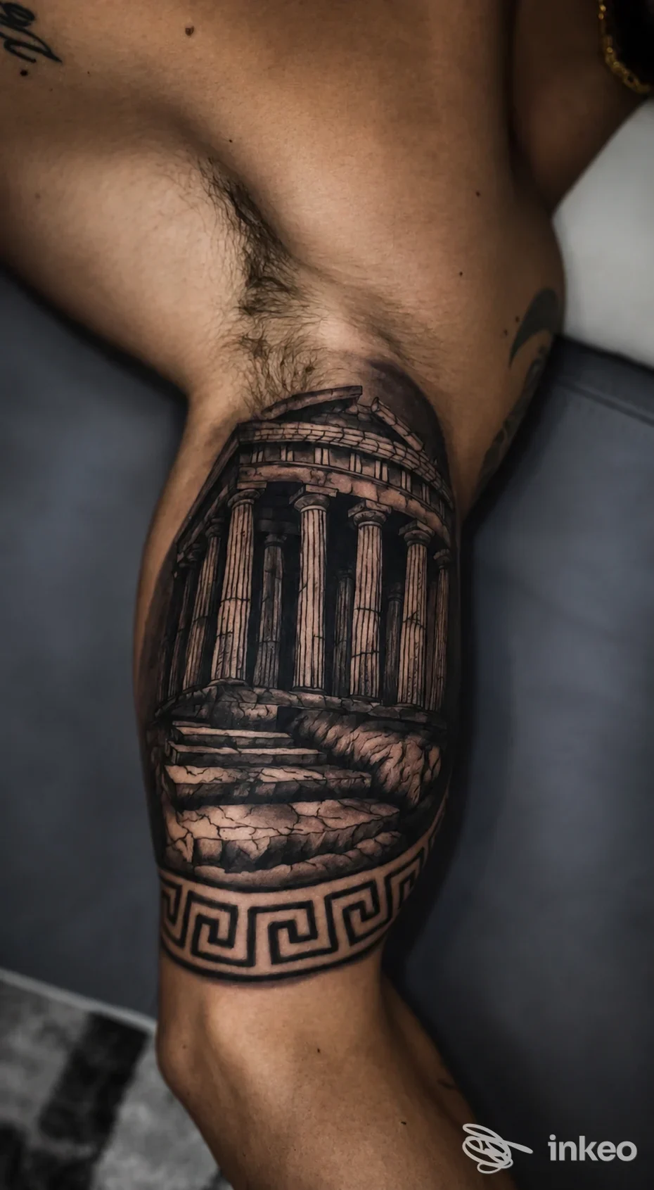Tatuaggio realistico in bianco e nero di un tempio con colonne sull'interno bicipite. American dream tattoos - Studio di Tatuaggi Palermo.