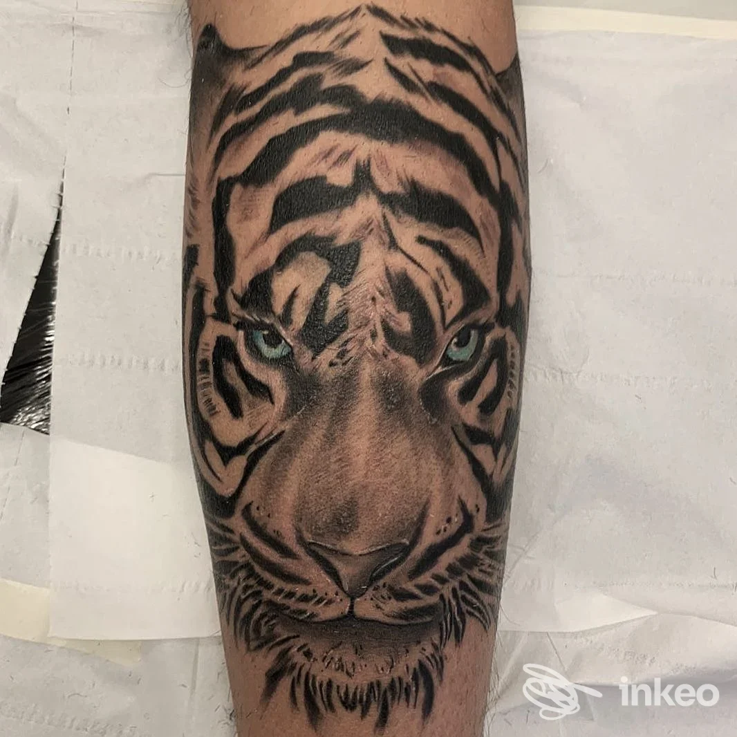 Tatuaggio realistico di una testa di tigre sull'avambraccio, Horizon Tattoo Studio, Alcamo.
