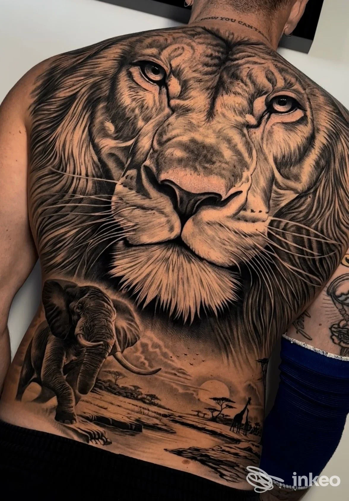 Grande tatuaggio realistico su tutta la schiena con volto di leone e scena con elefante, foto fornita da ISTINTO TATTOO STUDIO, Bagheria.