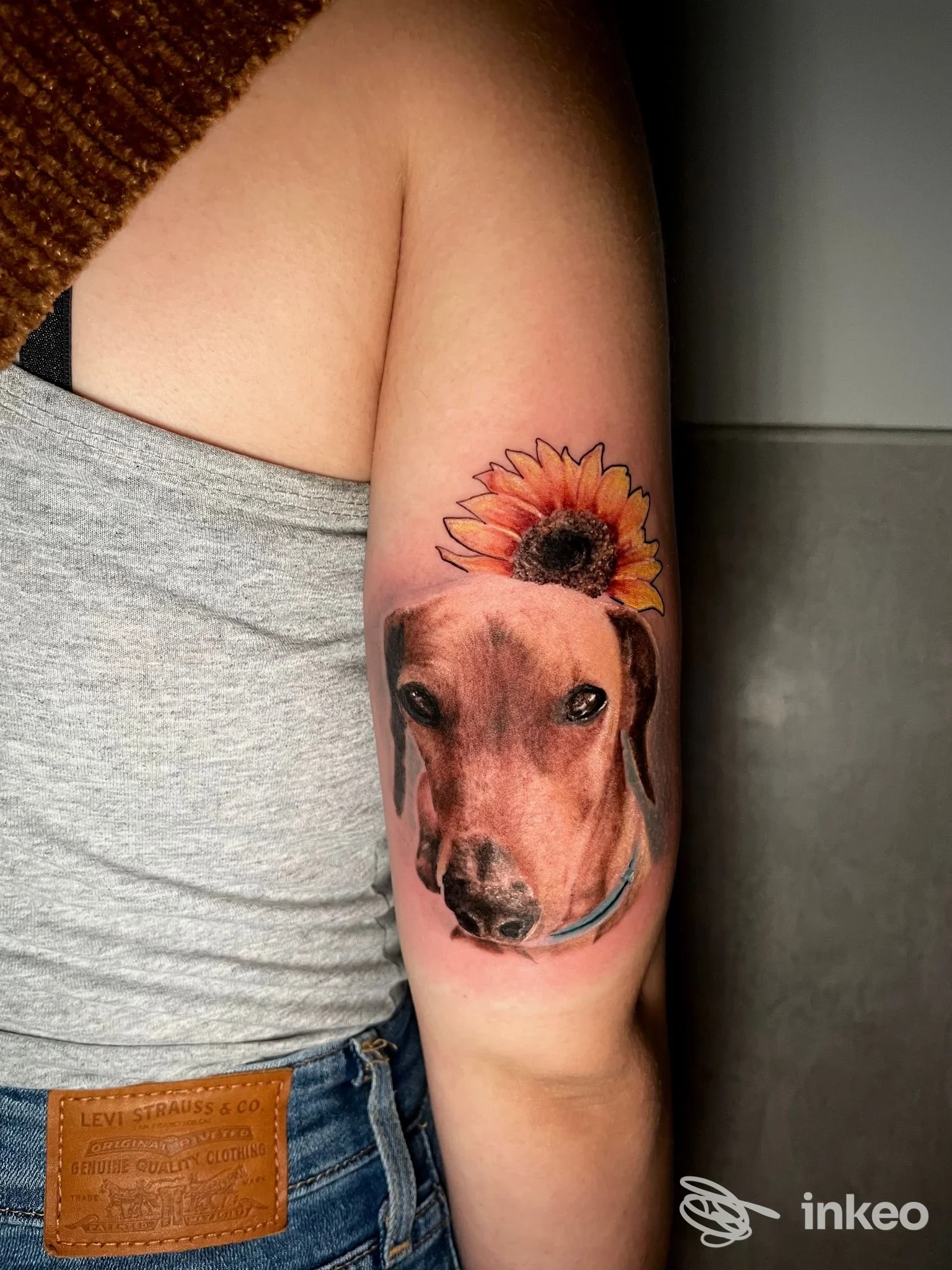 Tatuaggio realistico di muso di cane con girasole sul braccio superiore, eseguito da Ink Life Tattoo Studio a Floridia.