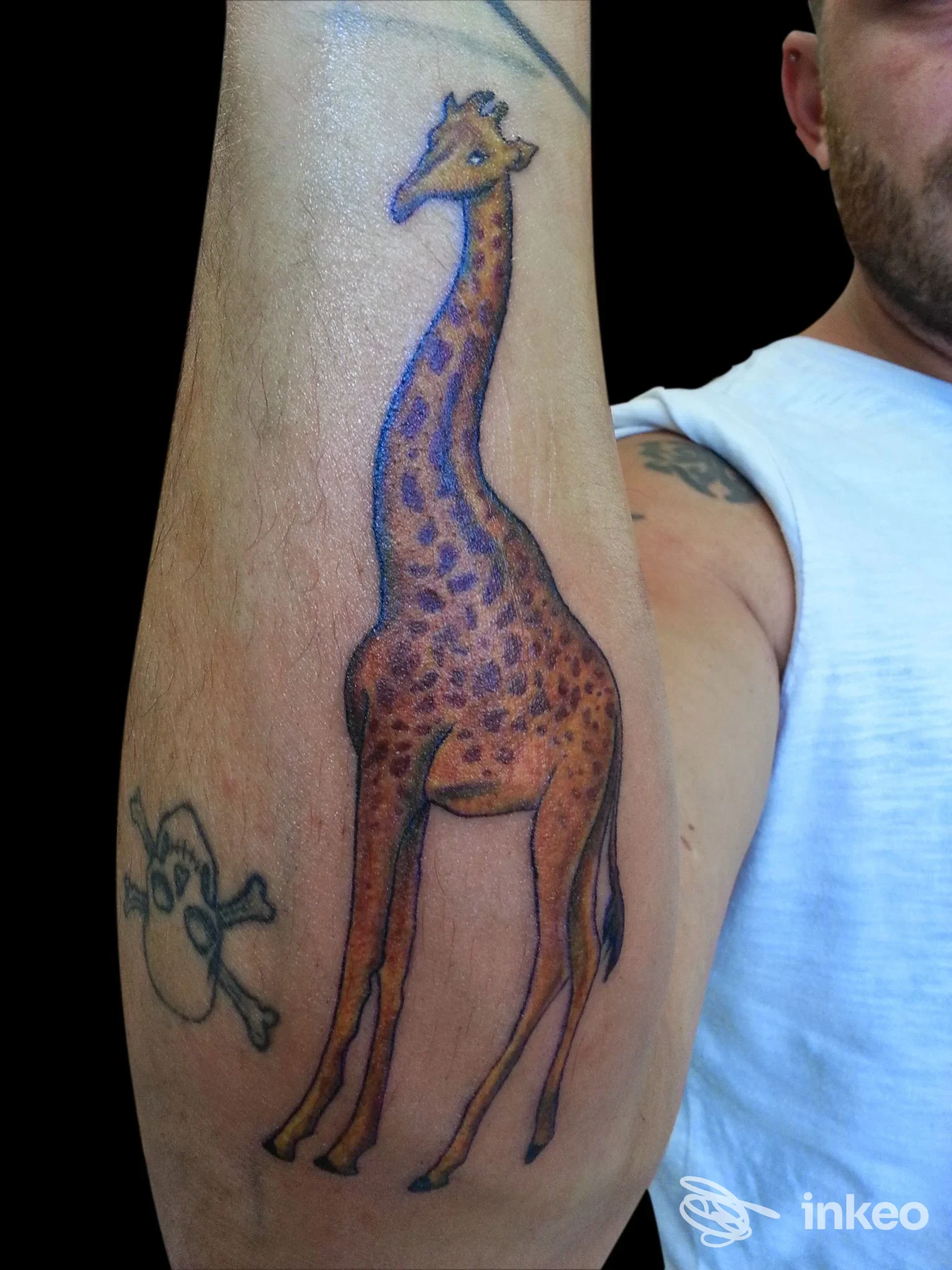 Tatuaggio di una giraffa colorata lungo il braccio di una persona, su sfondo scuro, con contorni nitidi.