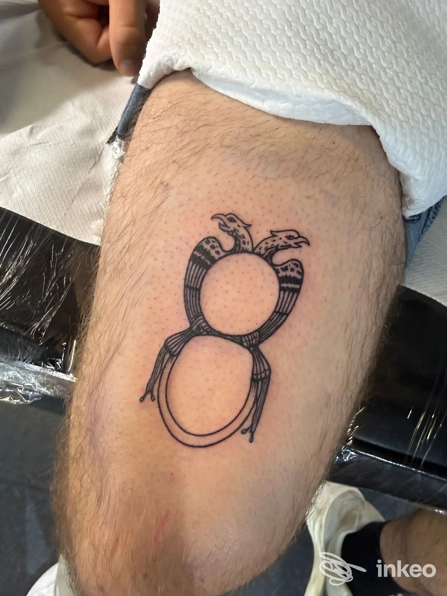 Tatuaggio linework nero a doppio anello con teste di serpente sulla coscia, foto fornita da Mammut Tattoo Srl, Siracusa.
