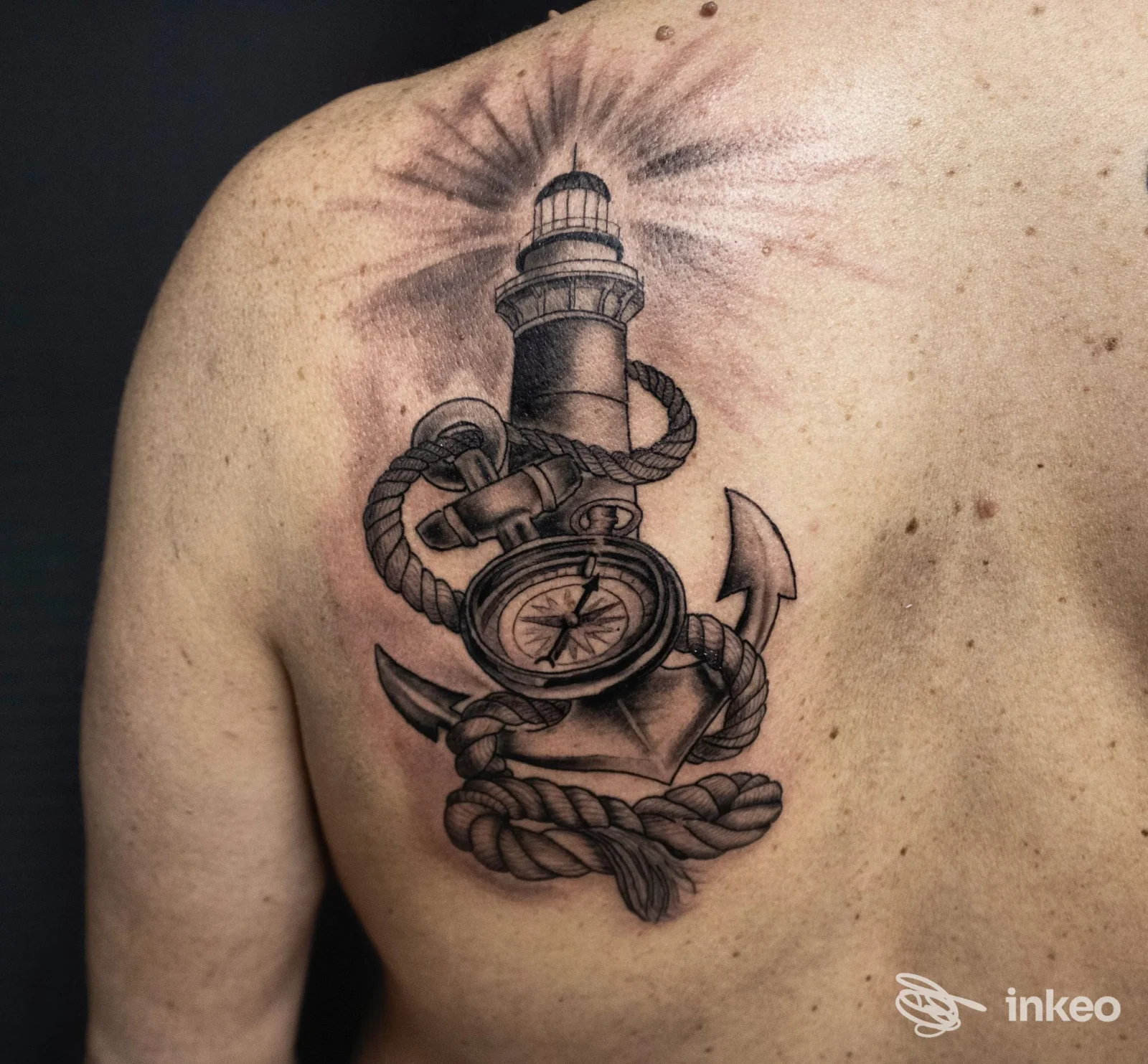Tatuaggio con faro, bussola e ancora sulla spalla superiore, realizzato da NERO INDELEBILE TATTOO STUDIO a Mazara del Vallo.