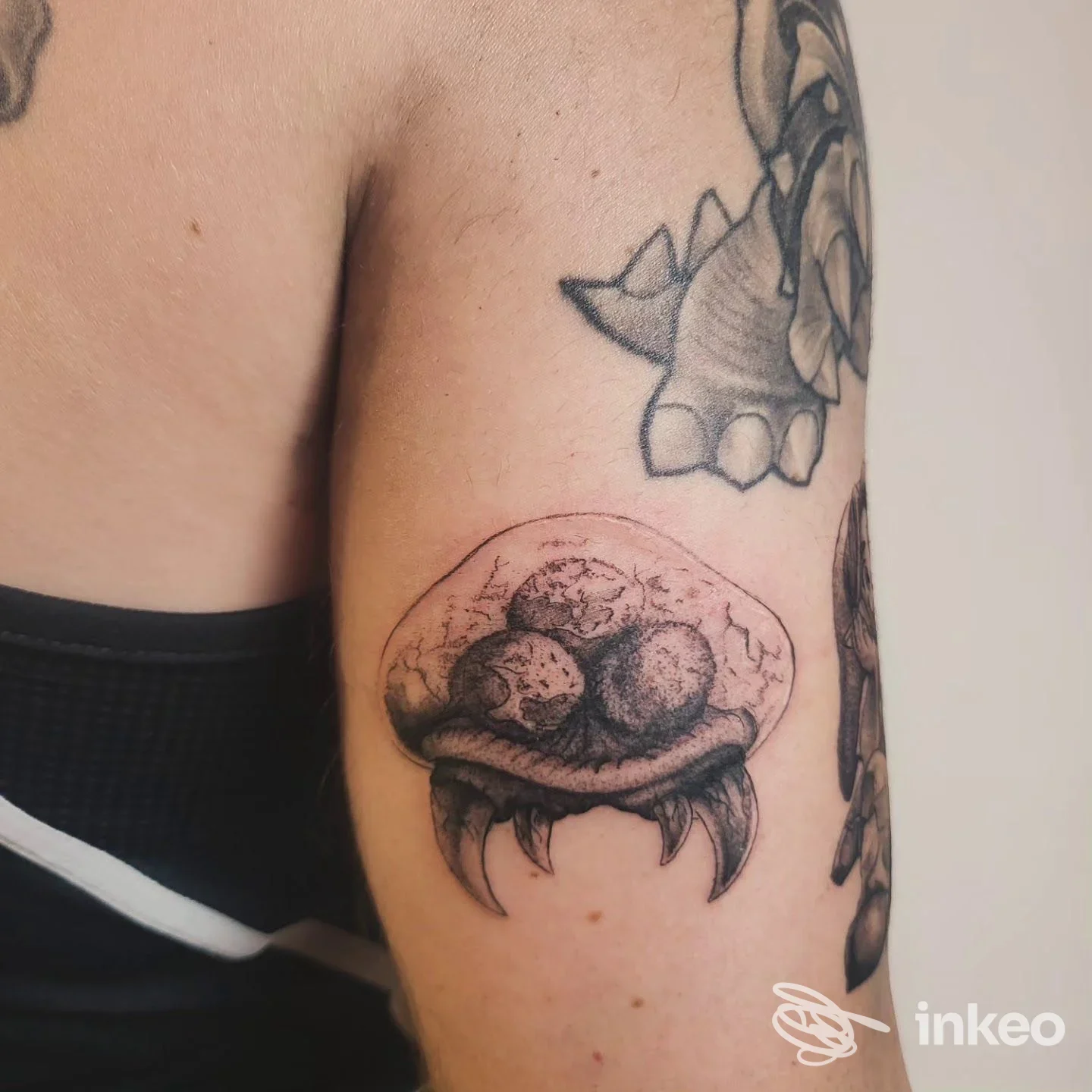 Tatuaggio black/grey di una creatura stilizzata sul bicipite, immagine fornita da Narashima Tattoo Studio a Giardini-Naxos.