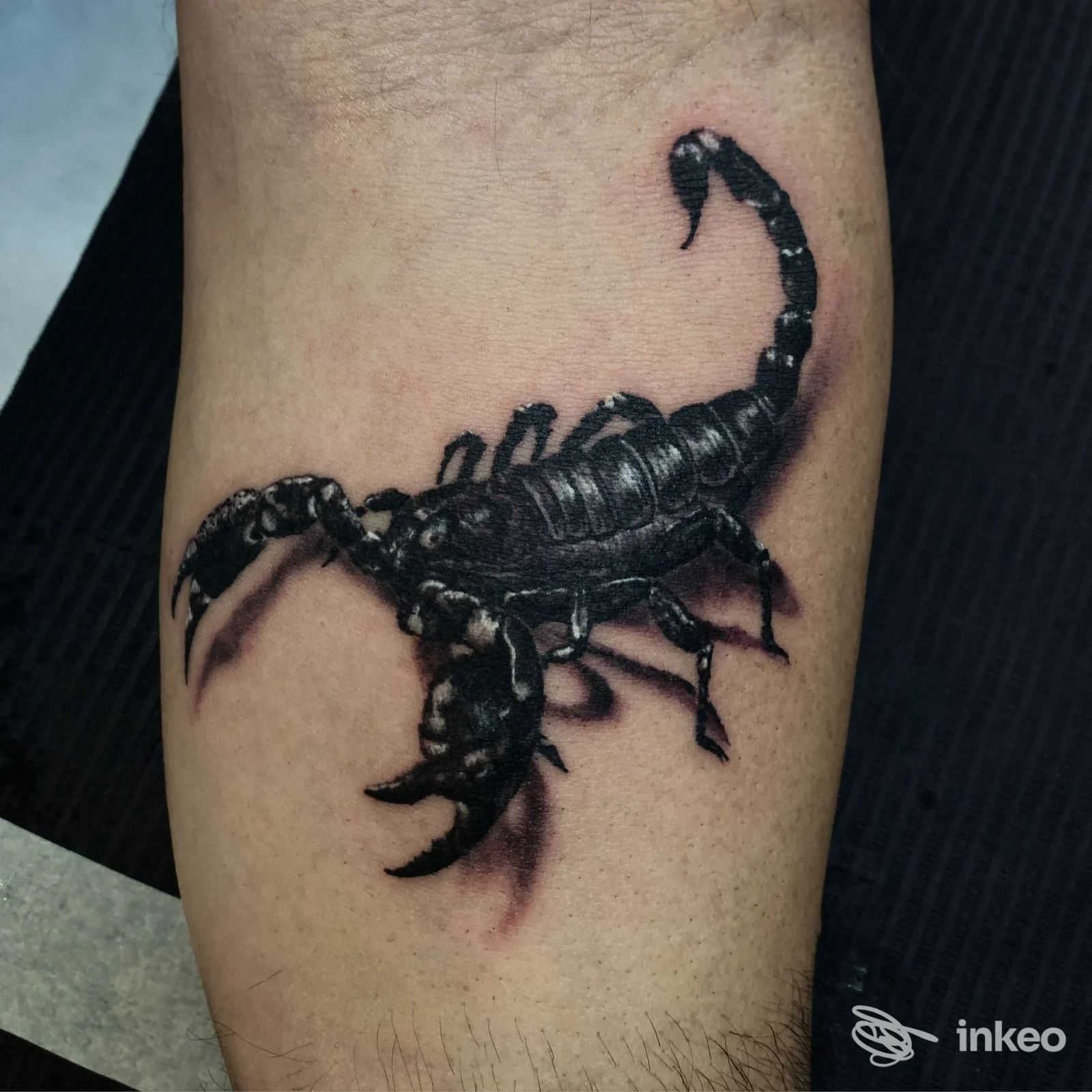 Tatuaggio scorpione nero realistico sull'avambraccio, foto inviata da Rediamond Tattoo a Messina.