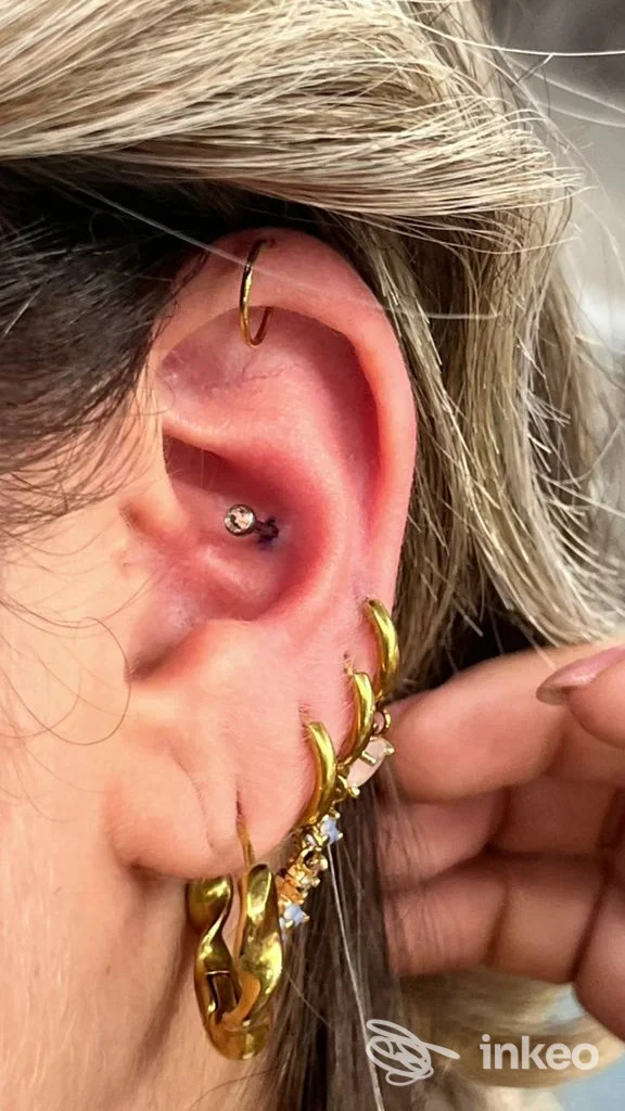 Orecchio con più piercing e gioielli dorati, foto di Piercing house presso Vanity Mara, Sciacca.