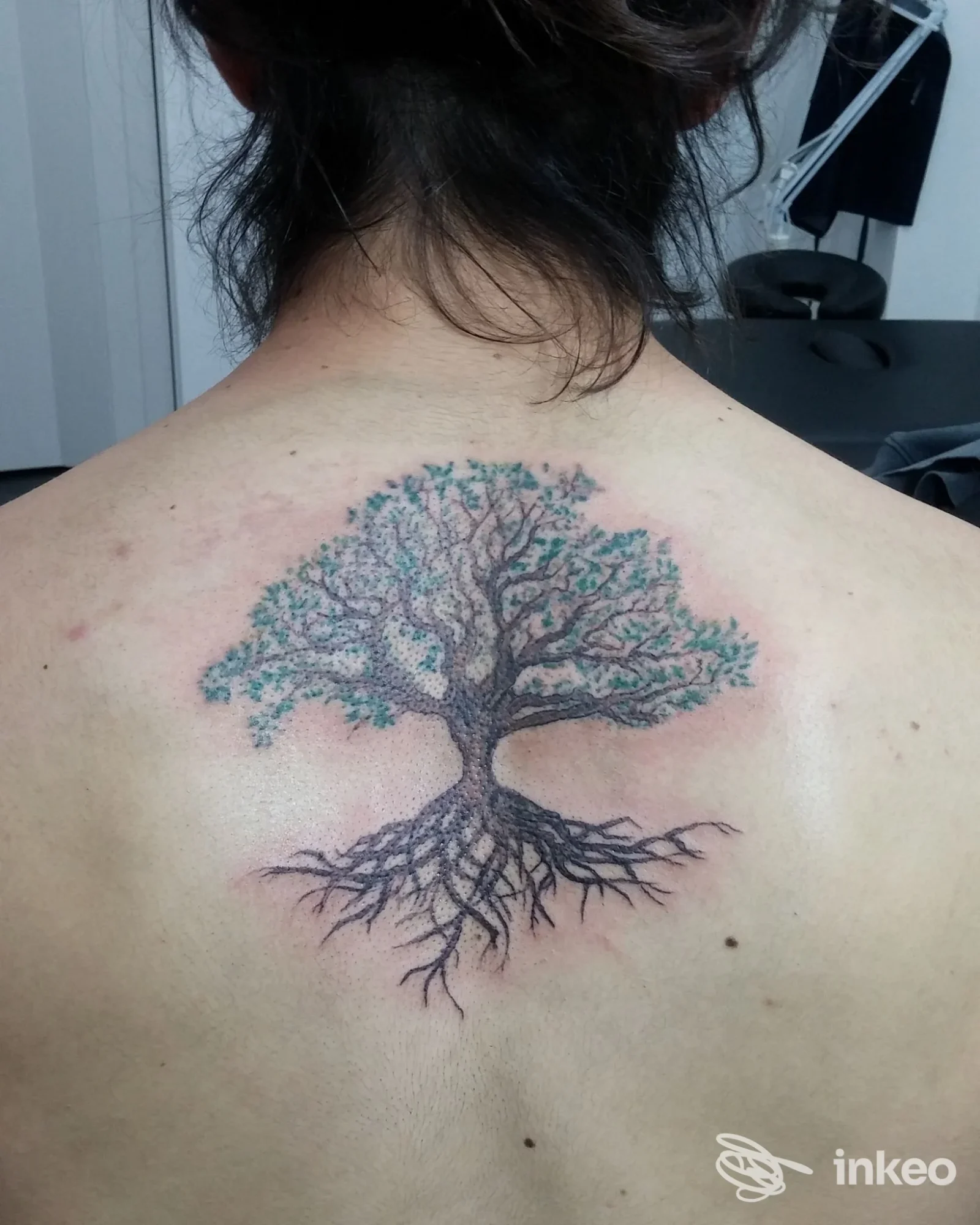 Tatuaggio a forma di albero con radici centrato sulla parte superiore della schiena, foto inviata da Shades Ink Tattoo, Aci Castello.