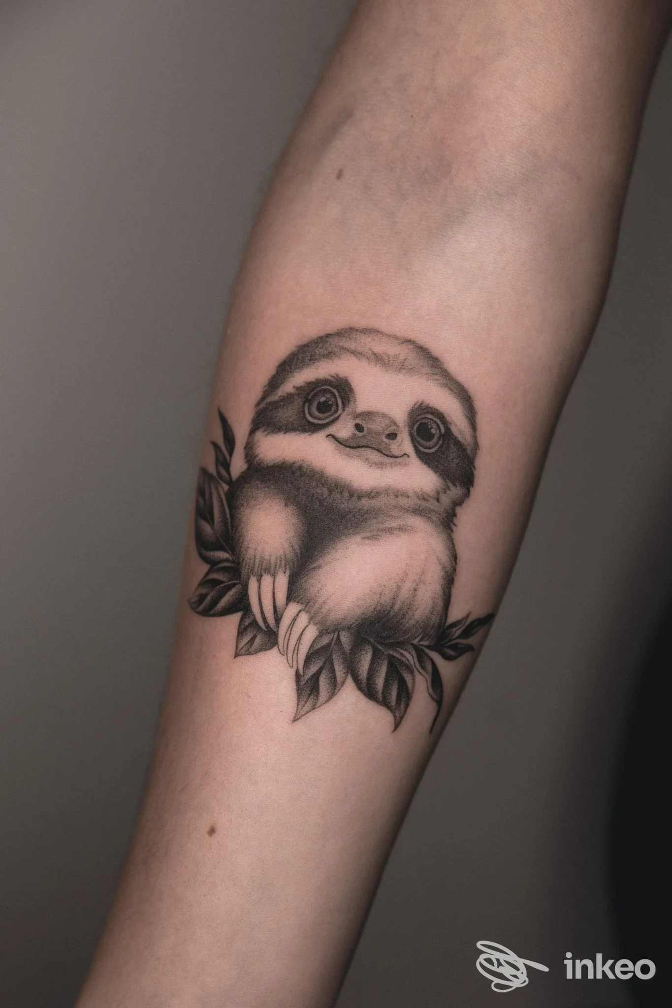 Tattoo sul braccio raffigurante un bradipo in stile grayscale con foglie, eseguito su pelle umana, visibile una porzione di avambraccio.