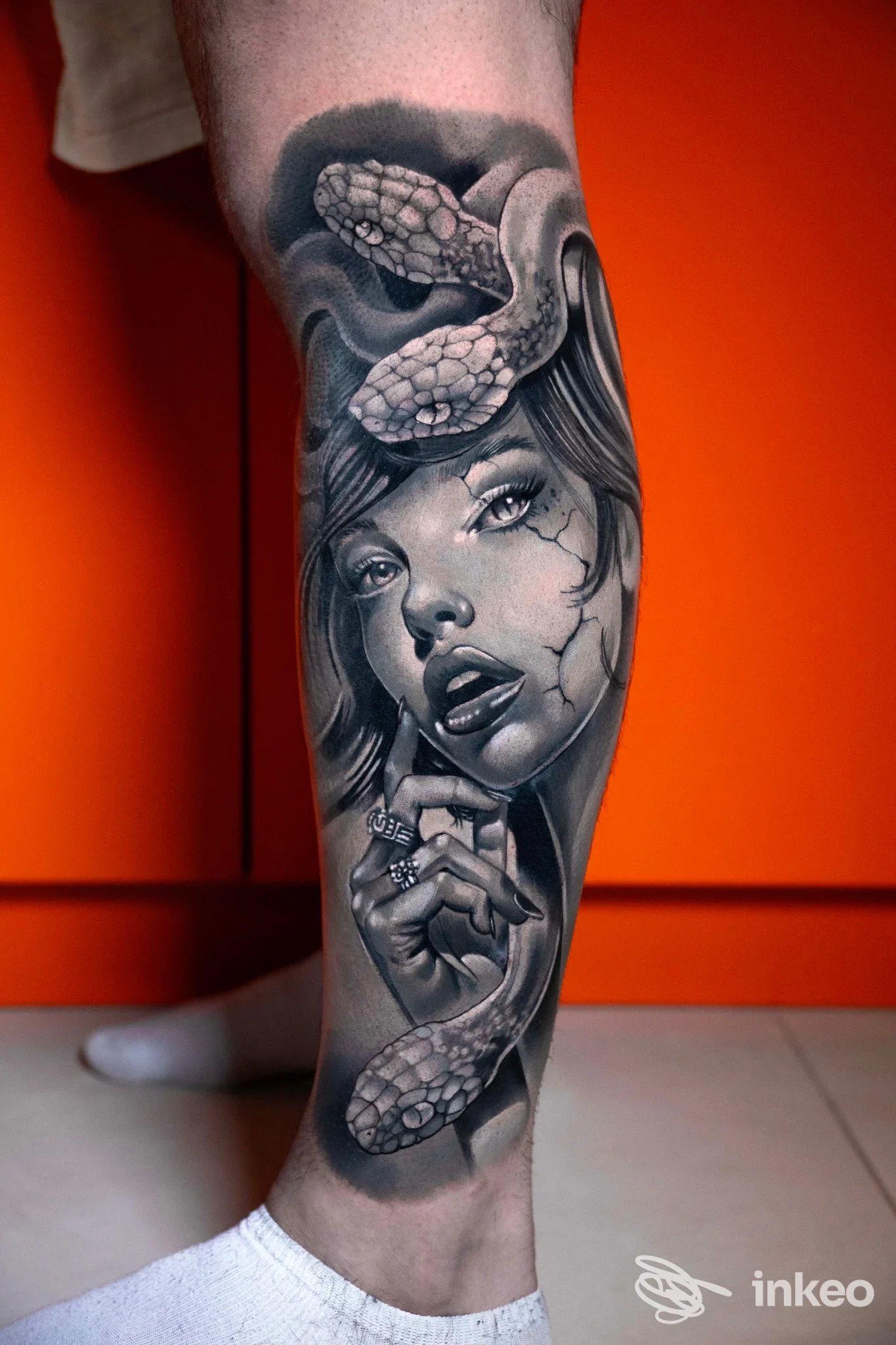 Tatuaggio a tema ritratto femminile e serpenti sul polpaccio, realizzato da Spaceinktattoo a Milazzo.