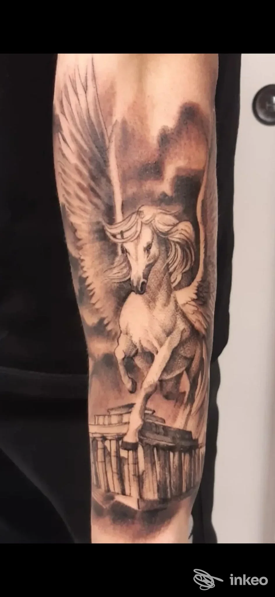 Tattoo sul braccio raffigurante un cavallo alato Pegasus, con ali aperte e sfondo sfumato, visibile la pelle e la definizione del disegno.