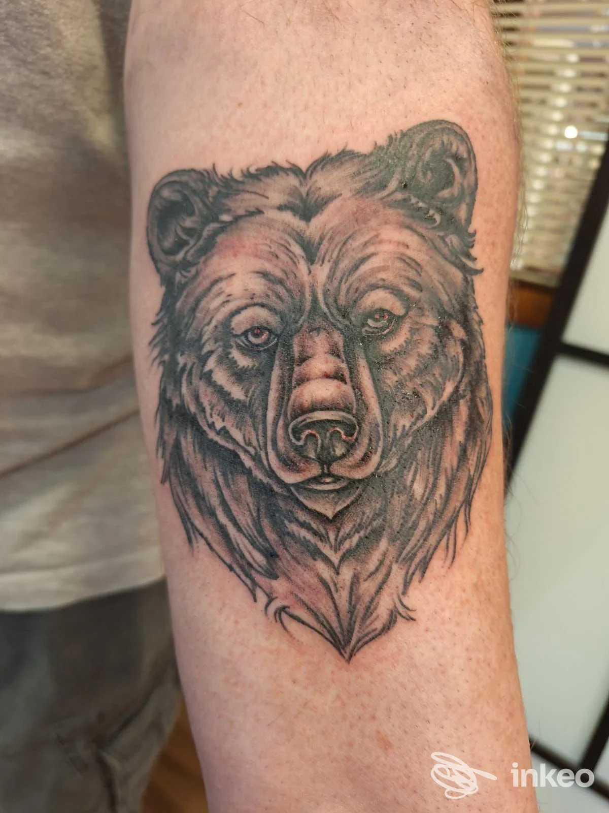 Tatuaggio black & grey a forma di testa d'orso sull'avambraccio, Tattoo Island, Augusta.