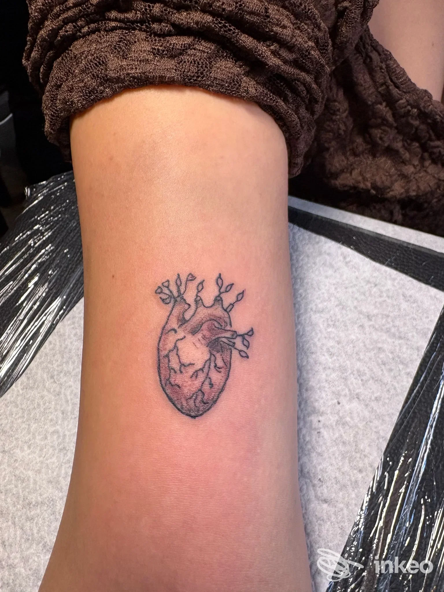 Tatuaggio a linee sottili di un cuore anatomico sull'avambraccio, eseguito presso Tattoo Dinaink ad Acireale; pelle pulita e inquadratura centrata sul lavoro.