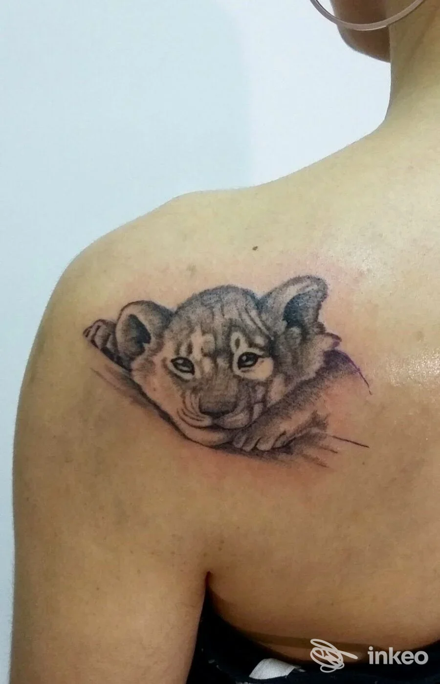 Tatuaggio realistico in nero e grigio di un cucciolo di felino appoggiato sulla spalla sinistra, eseguito da Tattoo time a Sciacca, mostrato su pelle reale.