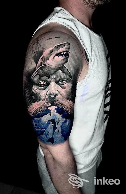 Grande tatuaggio realistico su spalla e bicipite con volto barbuto, squalo e dettagli blu — The Original Tattoo, Enna.