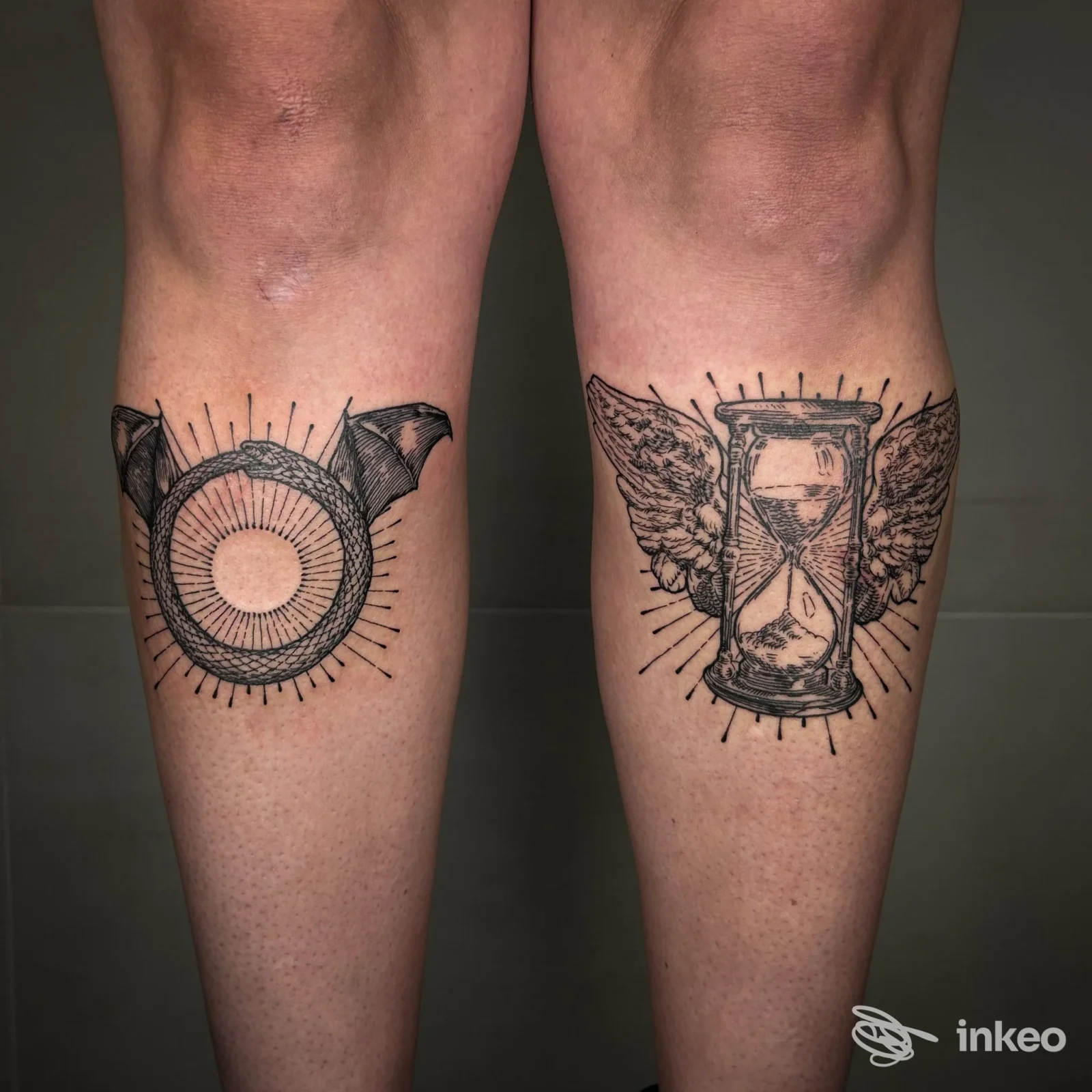 Due tatuaggi in bianco e nero sui polpacci: motivo circolare e clessidra alata, immagine per Urania Tattoo Studio a Palermo.