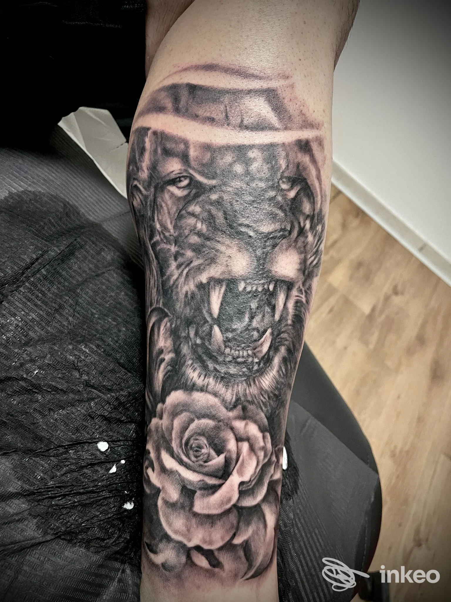 Tatuaggio realistico su avambraccio con testa di leone ruggente e una rosa, lavoro fotografato presso Big Wave Tattoo Studio a Comiso.