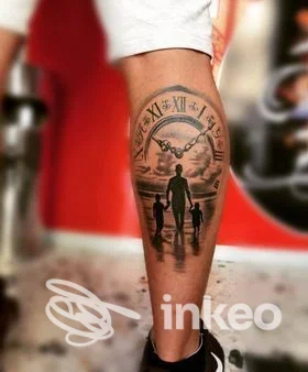 Tatuaggio sul polpaccio con orologio a numeri romani e sagome familiari, foto fornita da Pablo Tattoo ad Agrigento.