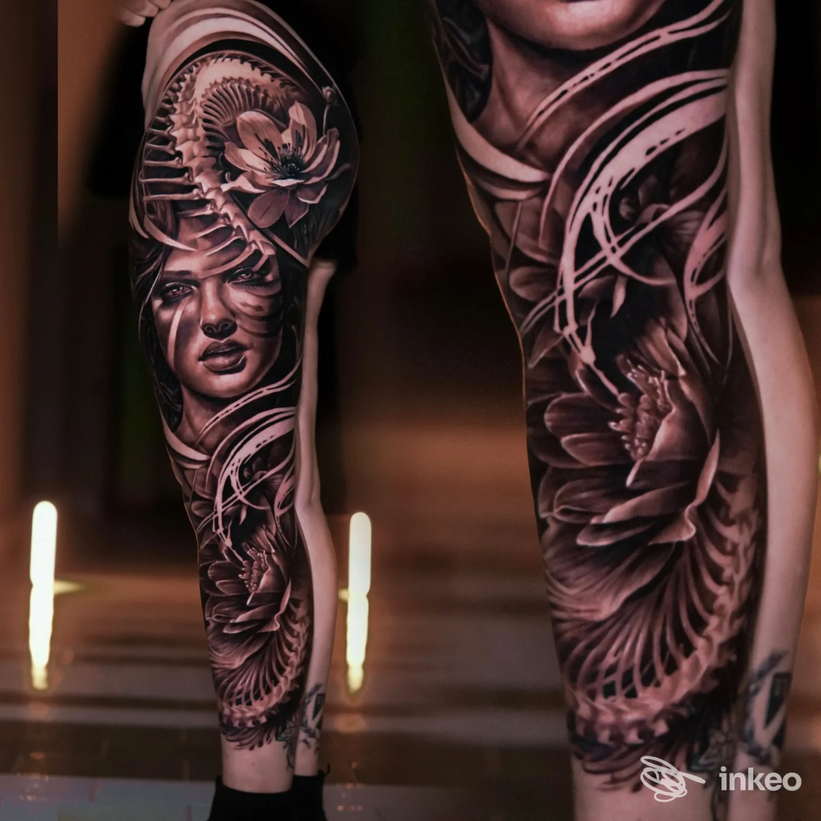 Gamba tatuata in stile realistico fotografata presso TRIMARCHI TATTOO STUDIO ad Acireale, dettaglio del lavoro.